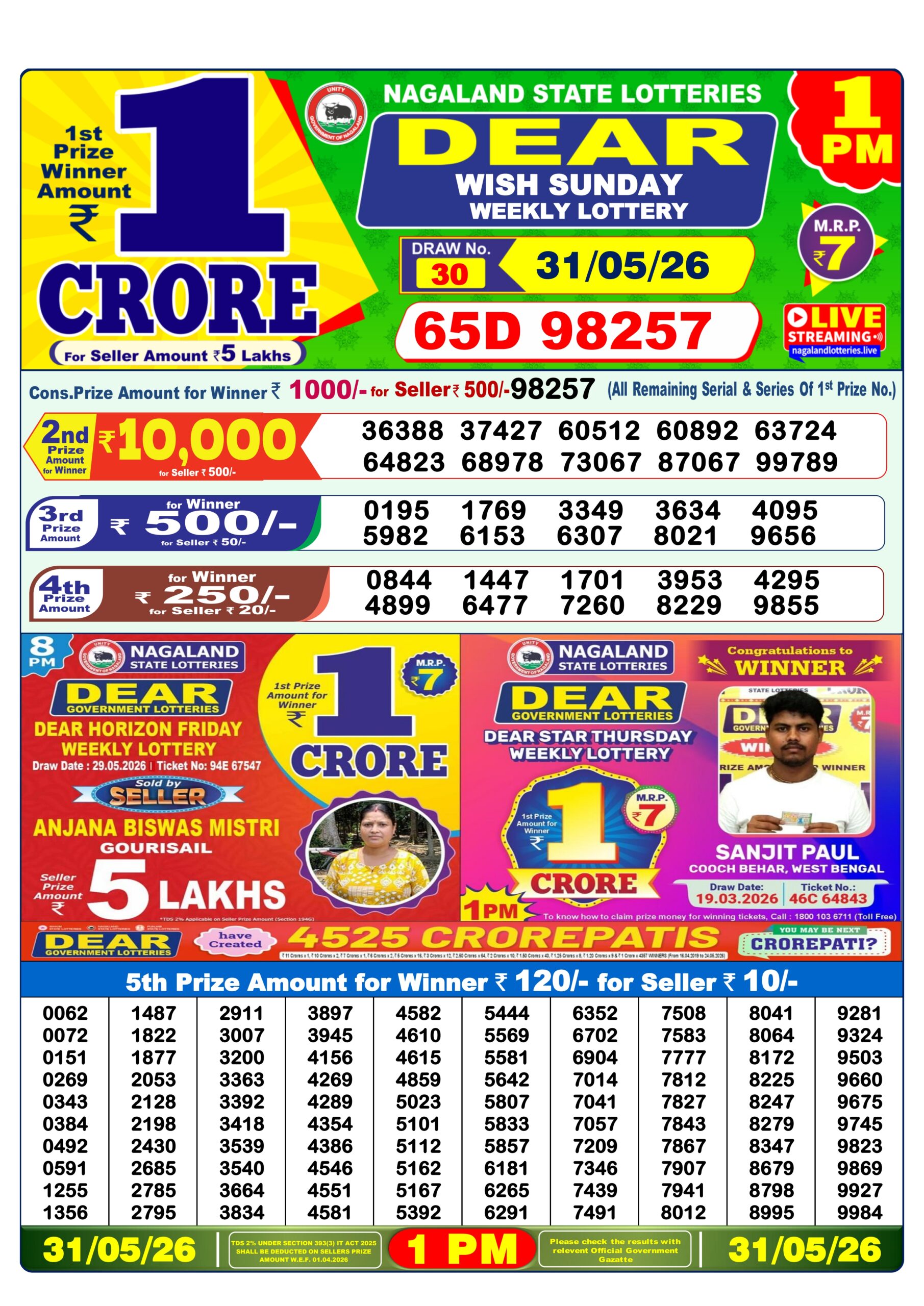 Dear Lottery Result Today 1PM 31 05 26