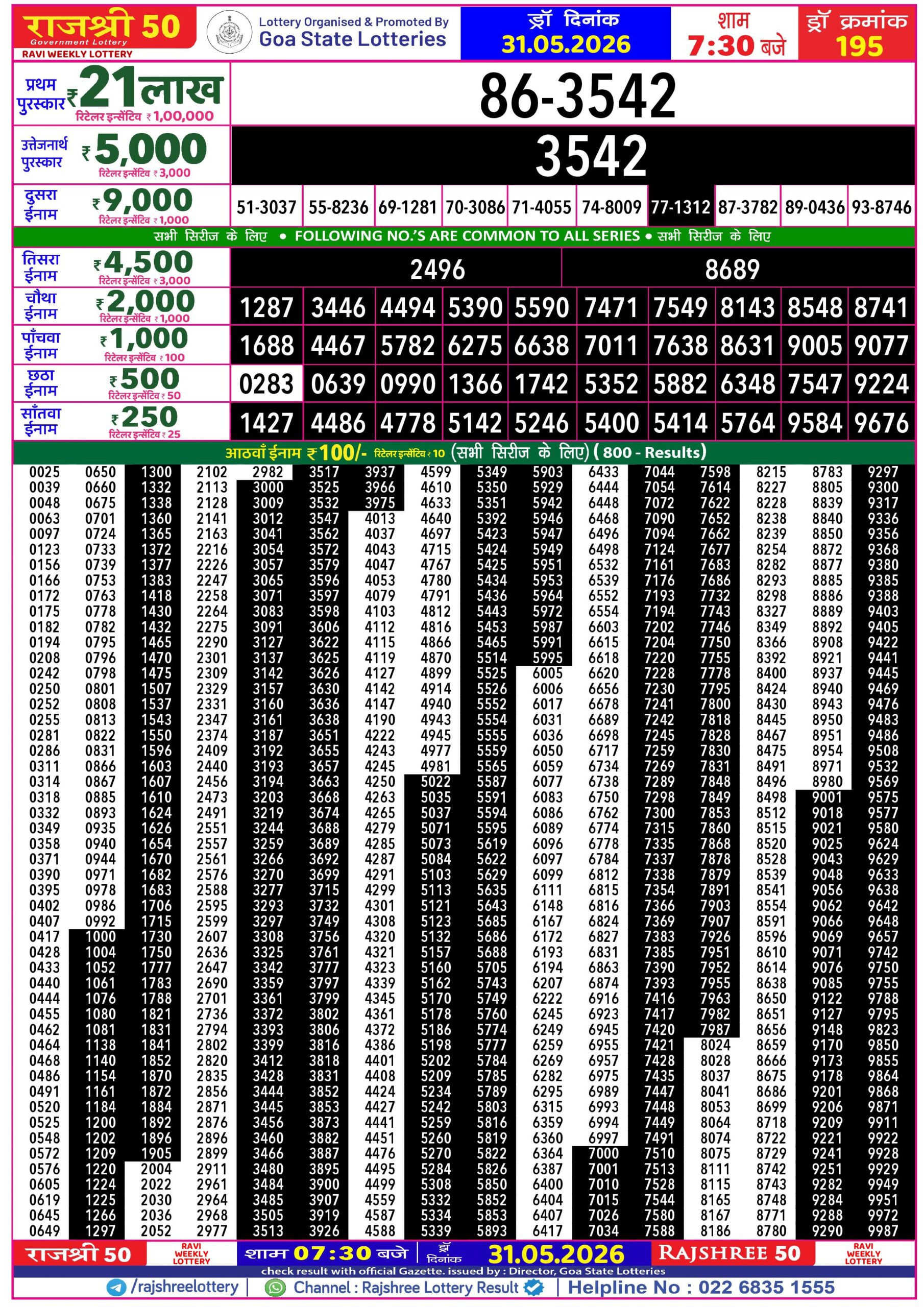 Rajshree 50 Lottery 7:30PM Result 31 05 26