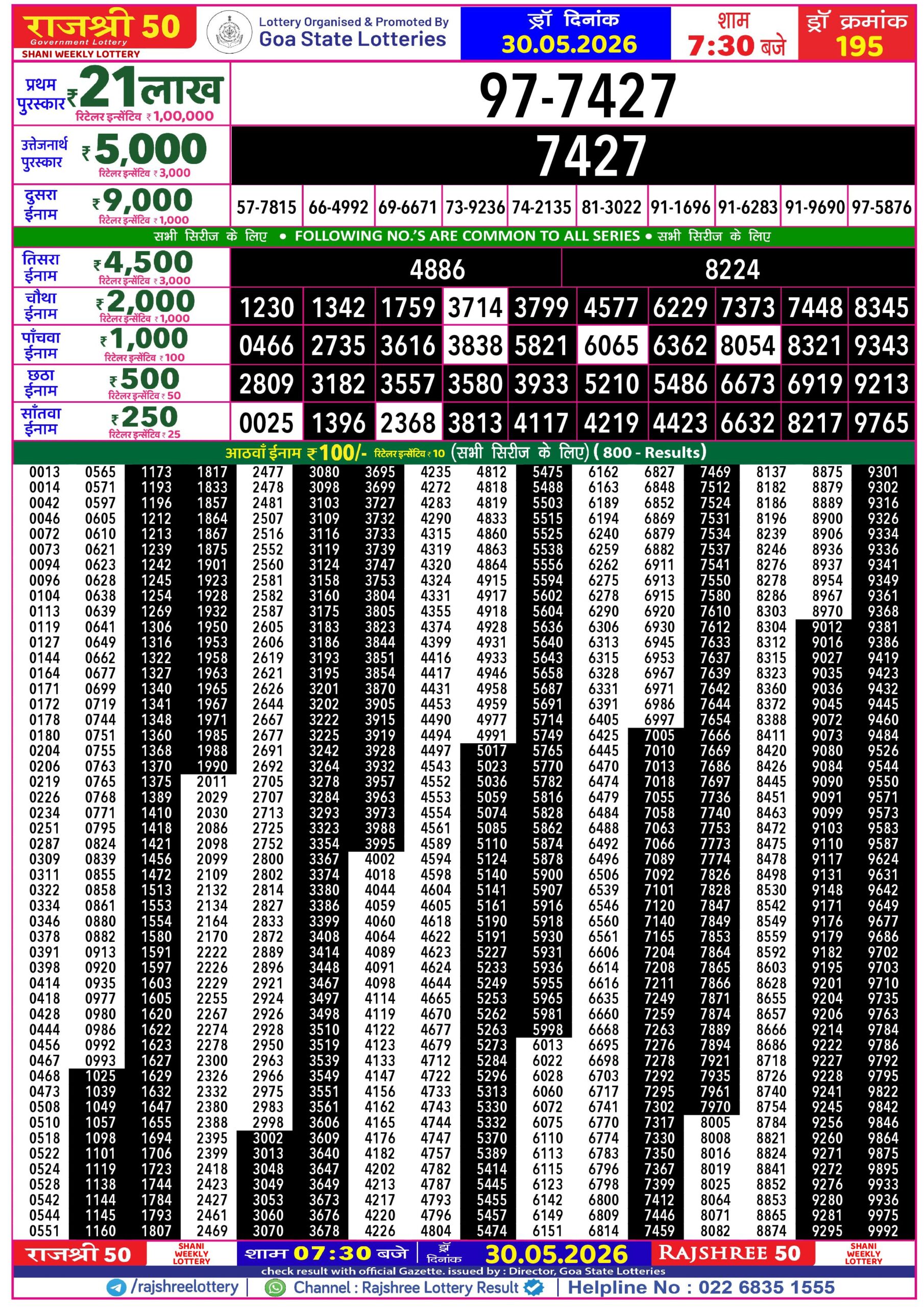 Rajshree 50 Lottery 7:30PM Result 30 05 26