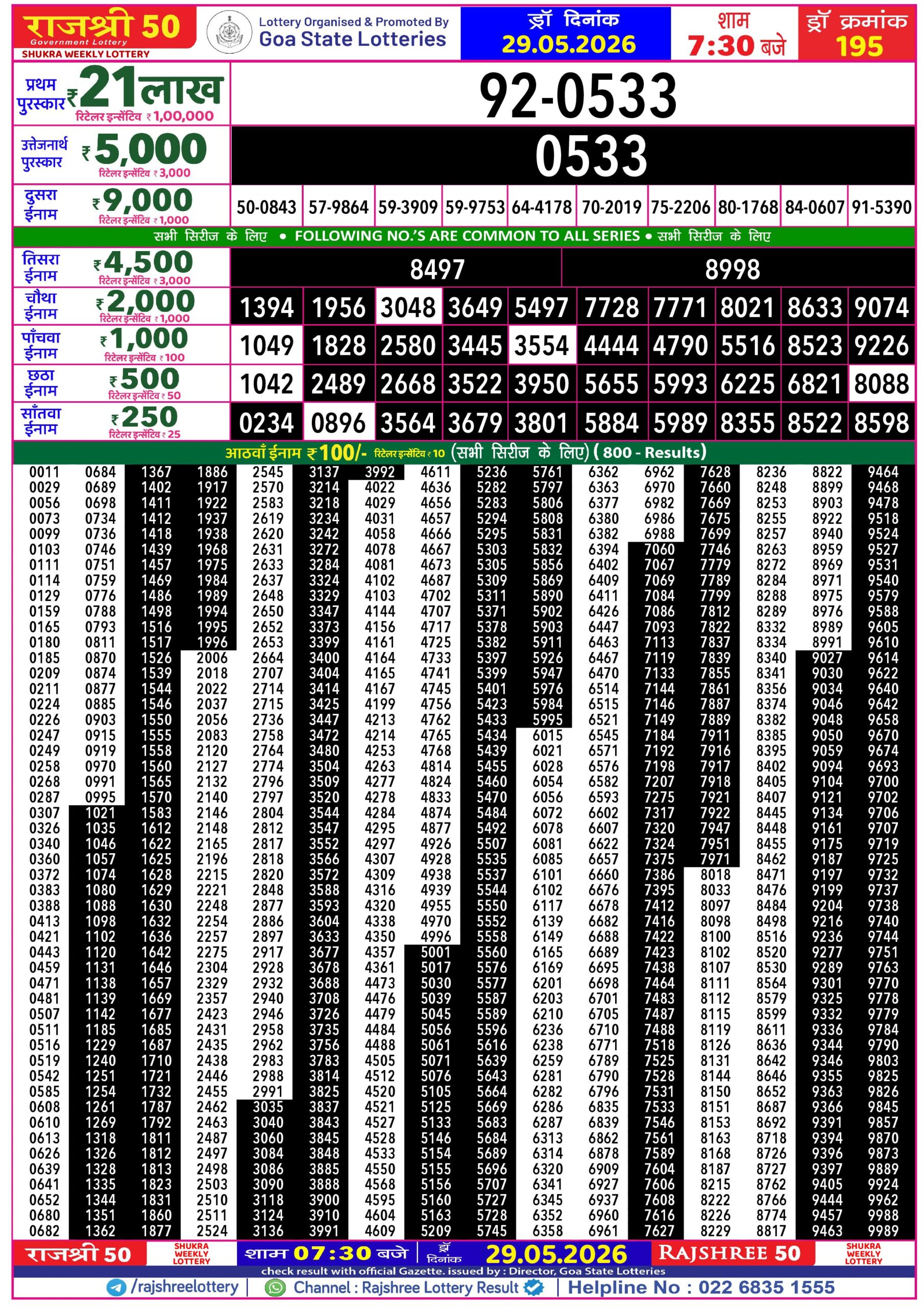 Rajshree 50 Lottery 7:30PM Result 29 05 26