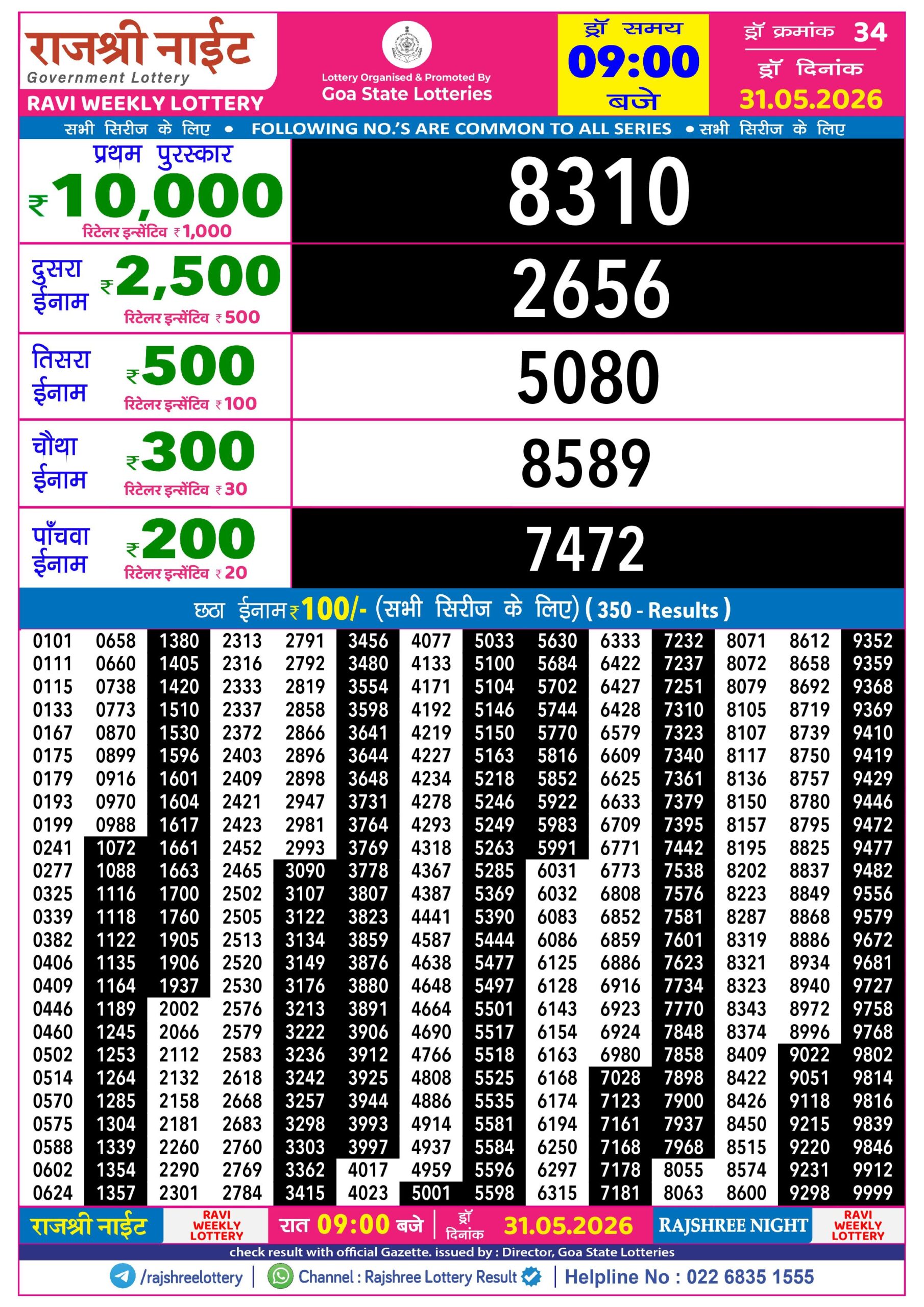 Rajshree 9PM Result 31 05 26