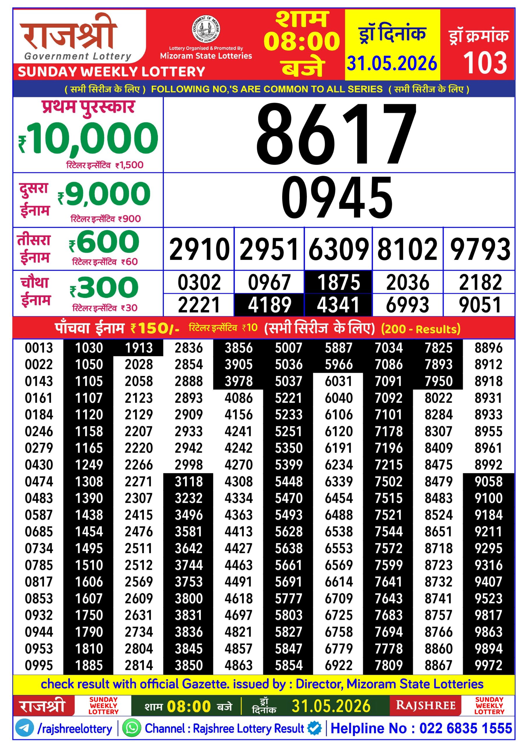 Rajshree Daily 8PM Result 31 05 26