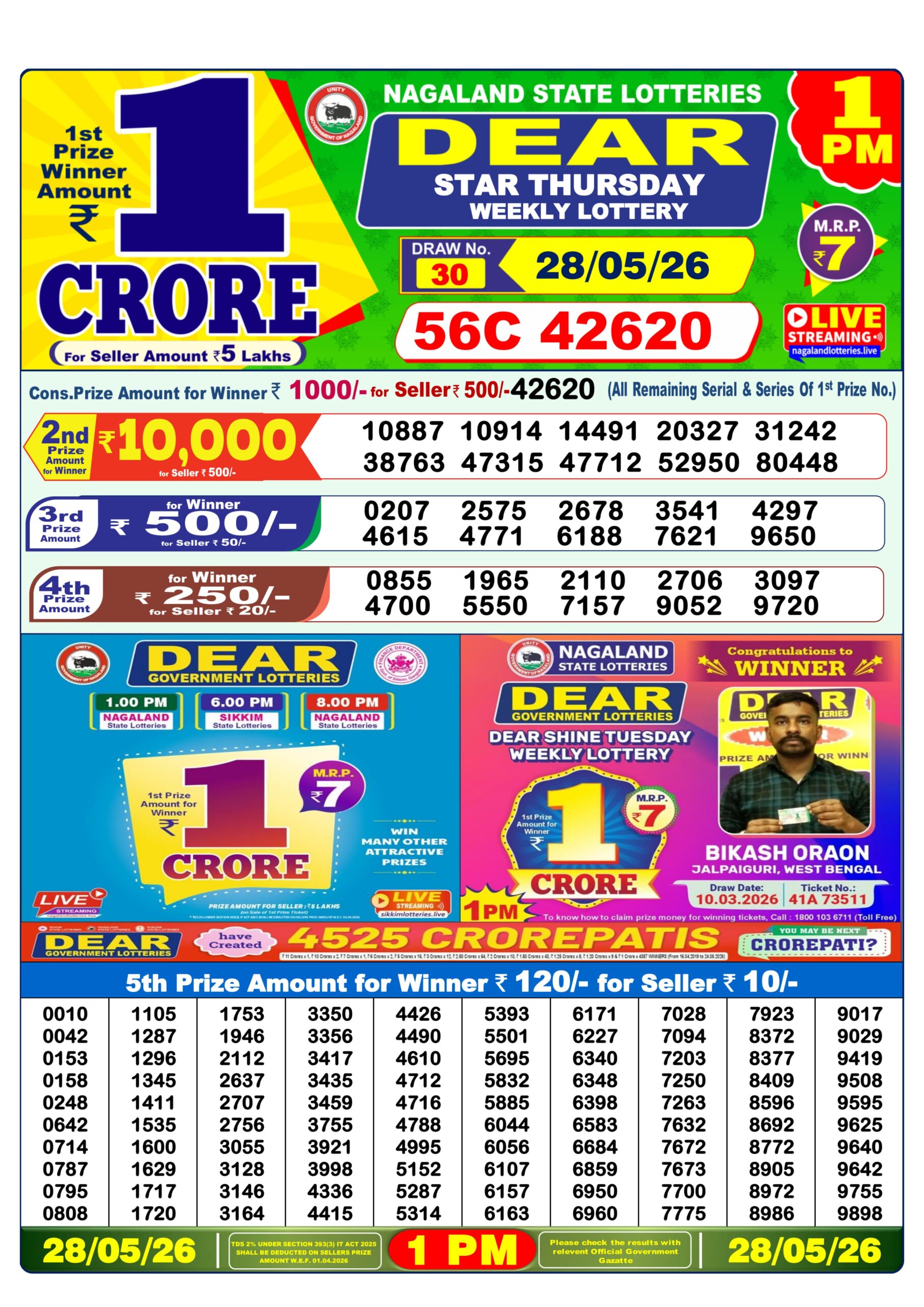 Dear Lottery Result Today 1PM 28 05 26