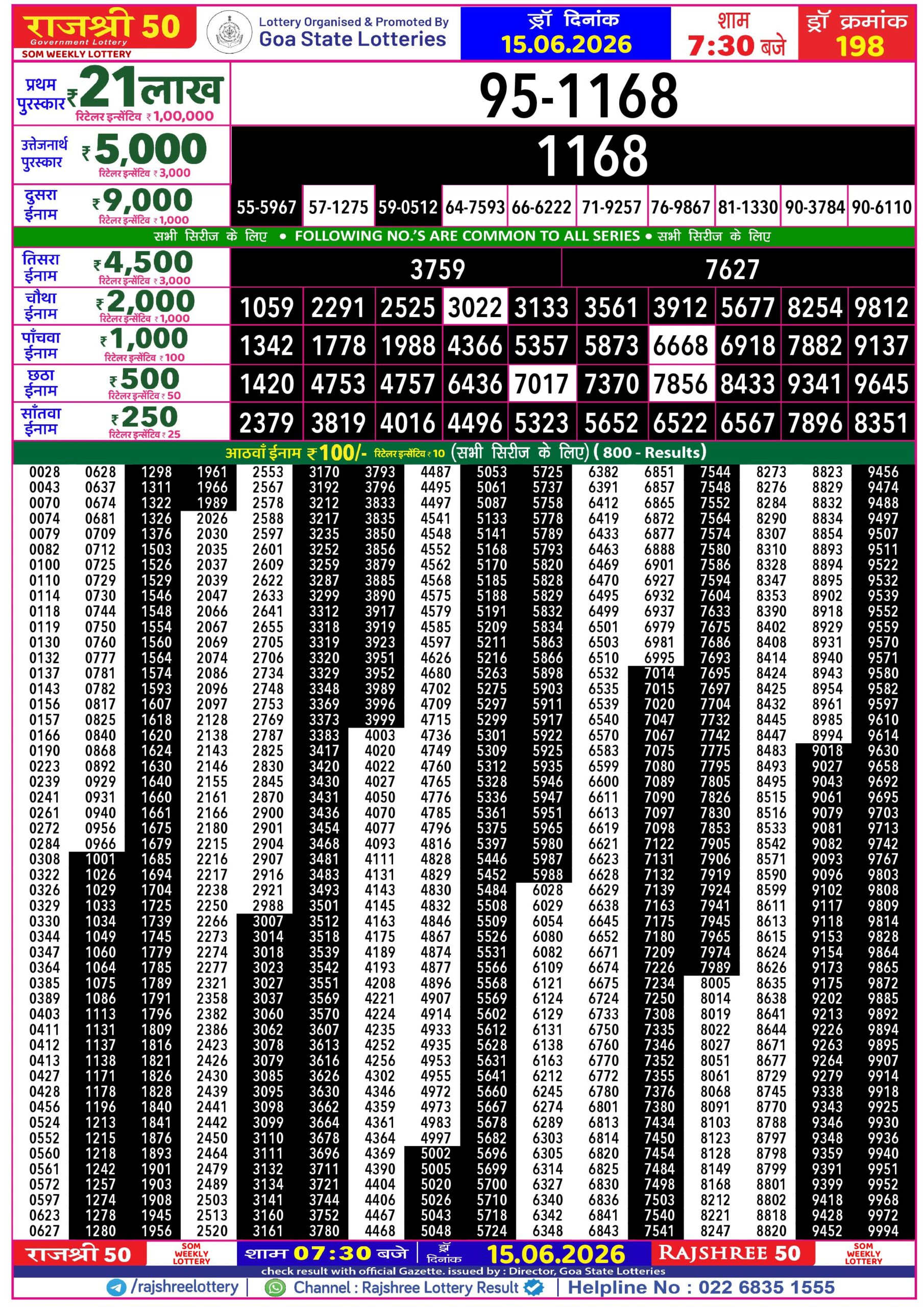 Rajshree 50 Lottery 7:30PM Result 15 06 26