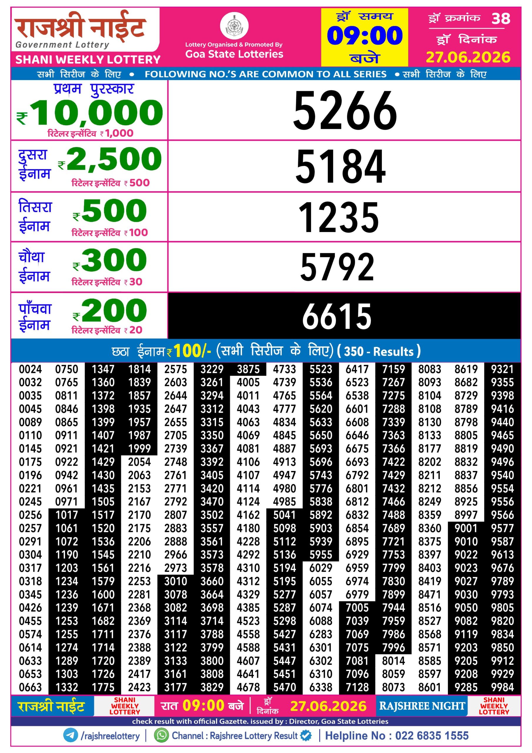 Rajshree 9PM Result 27 06 26