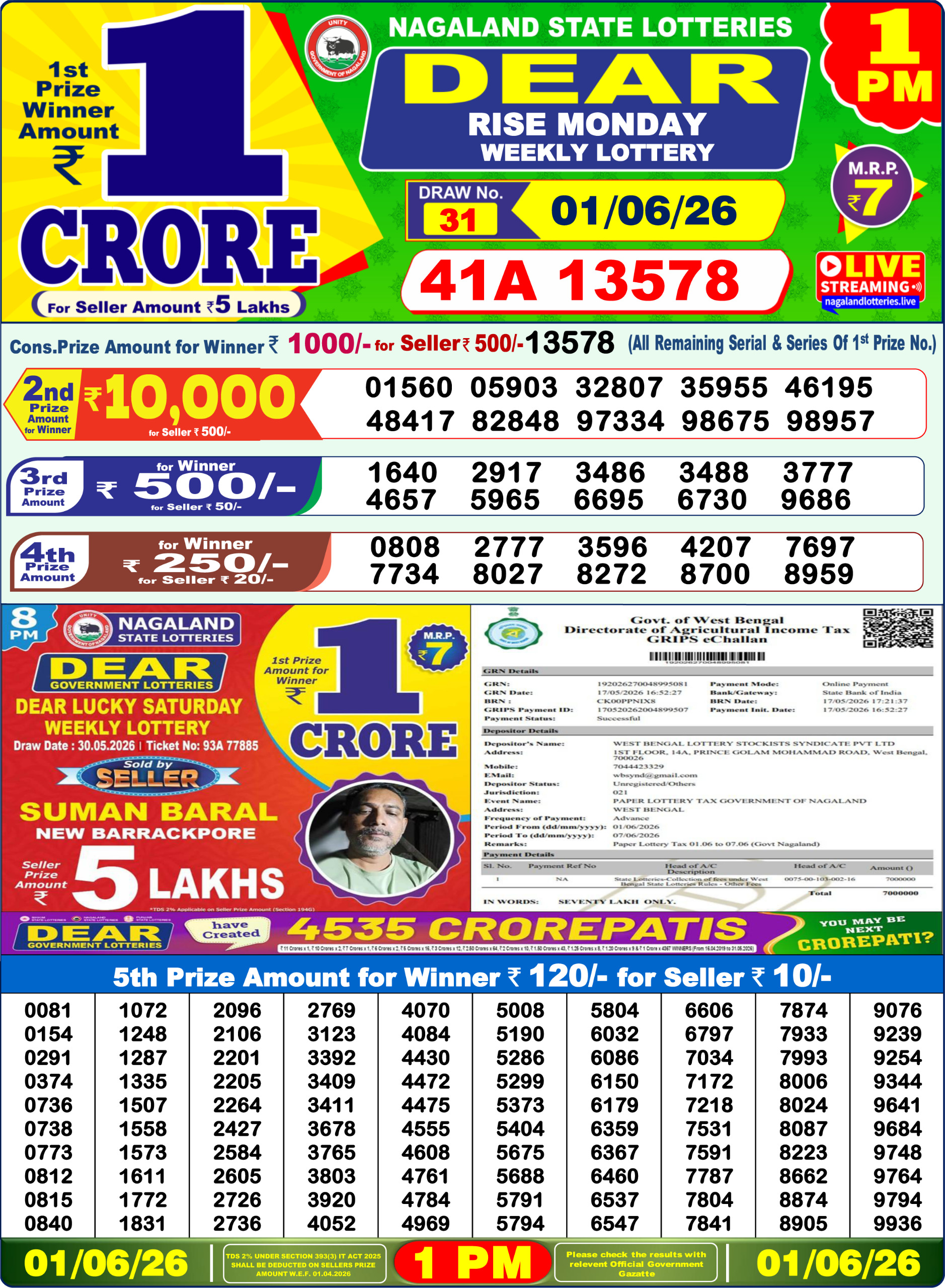 Dear Lottery Result Today 1PM 01 06 26