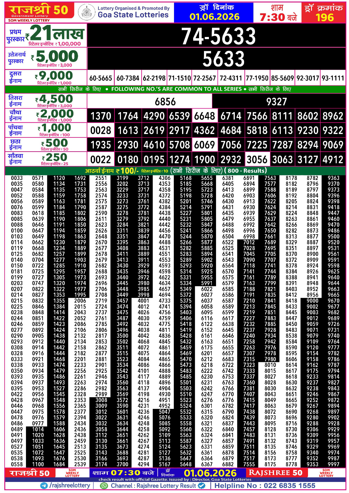 Rajshree 50 Lottery 7:30PM Result 01 06 26