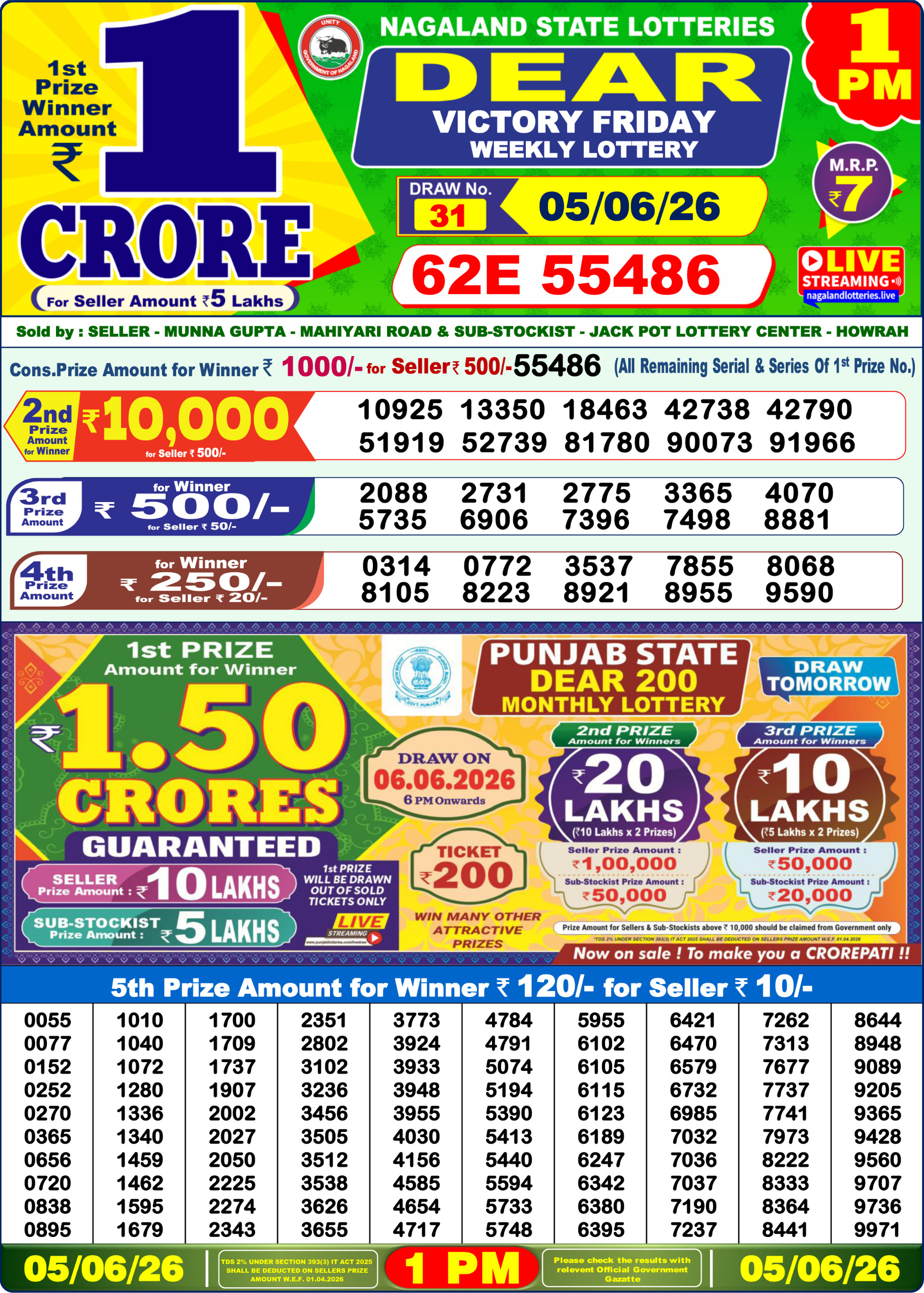 Dear Lottery Result Today 1PM 05 06 26