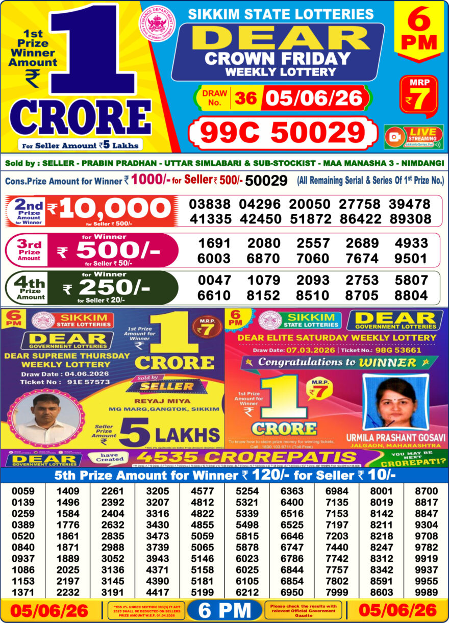 Dear Lottery Today Result 6PM 05 06 26