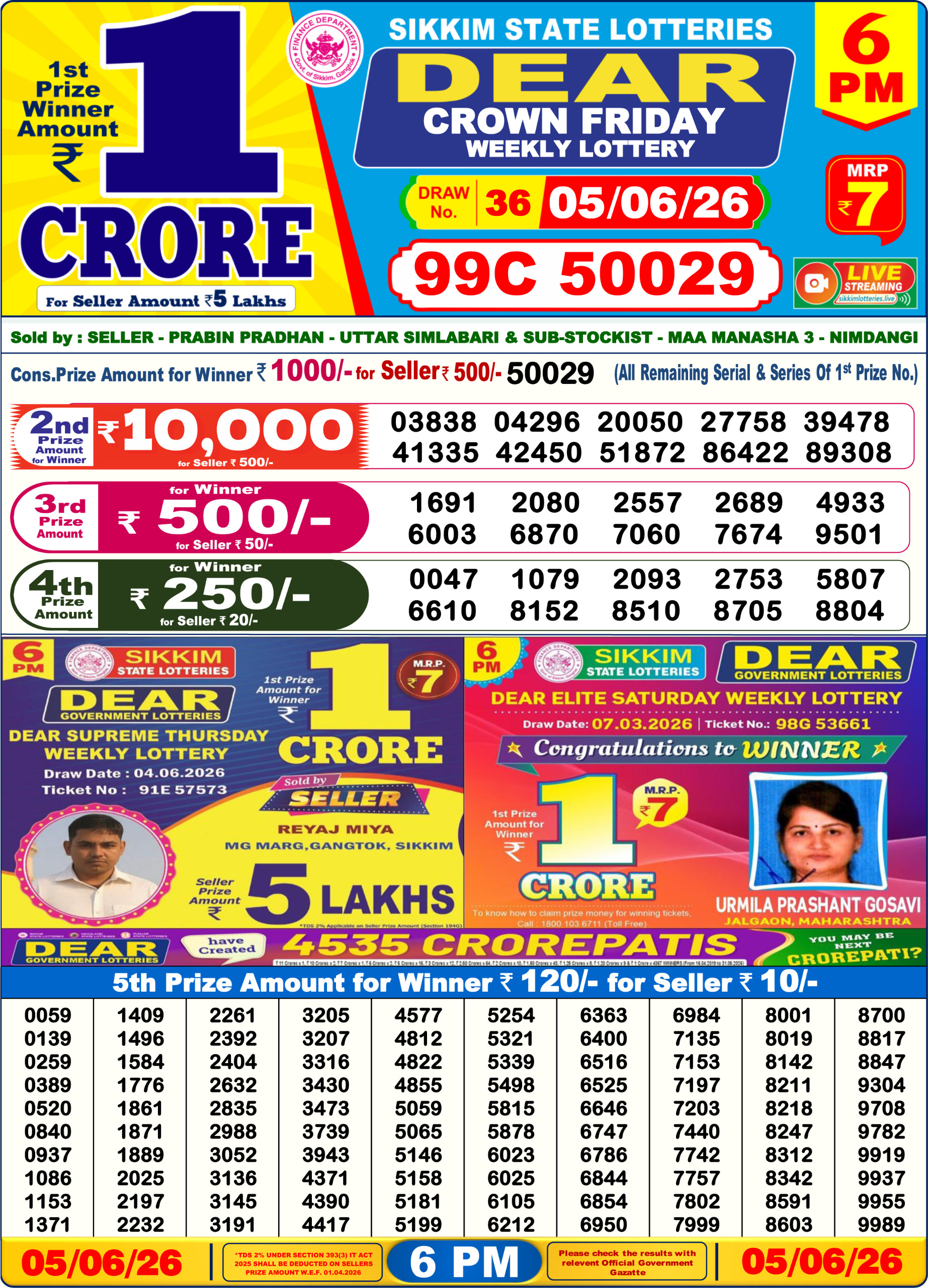 Dear Lottery Today Result 6PM 05 06 26