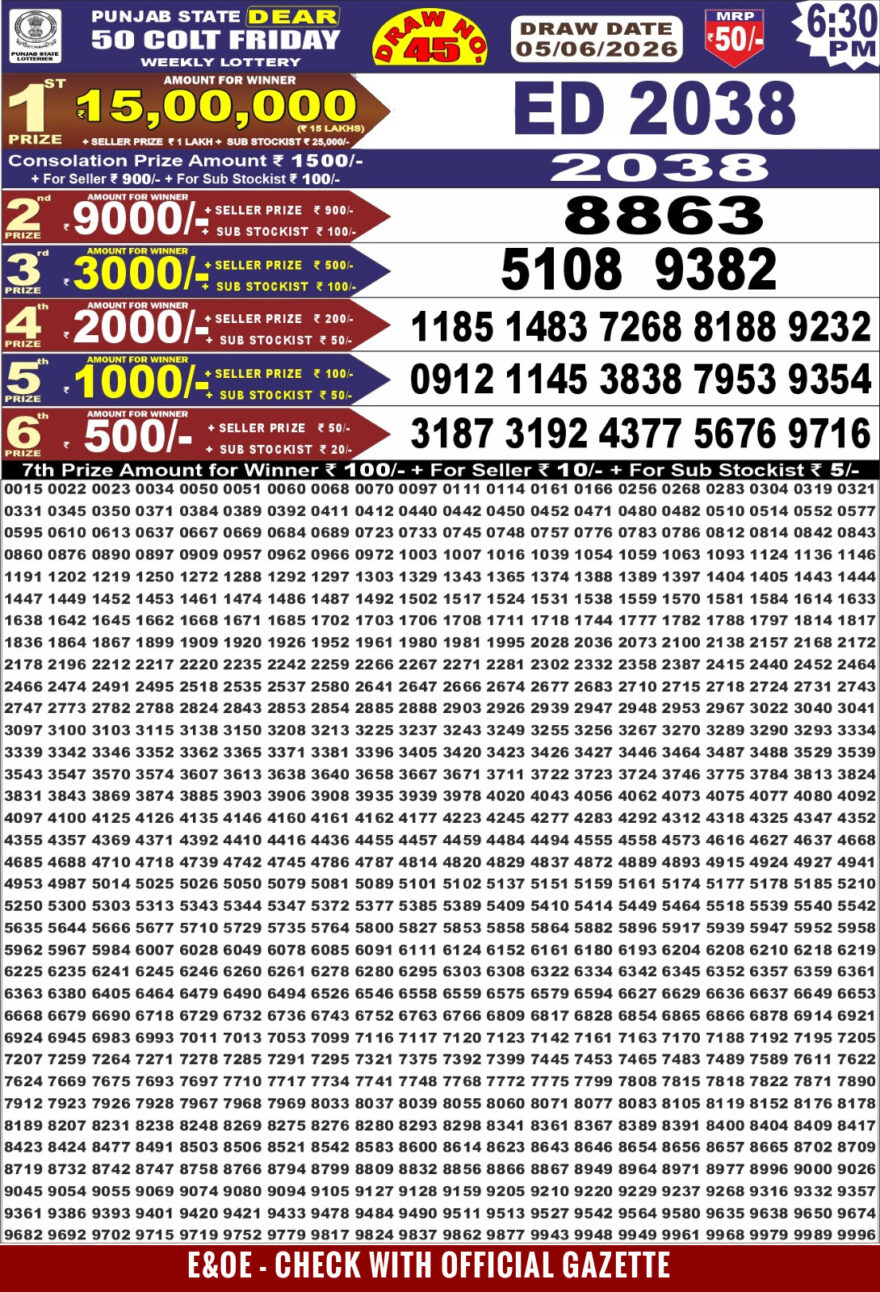Punjab State Dear 50 Lottery 6:30PM Result 05 06 26