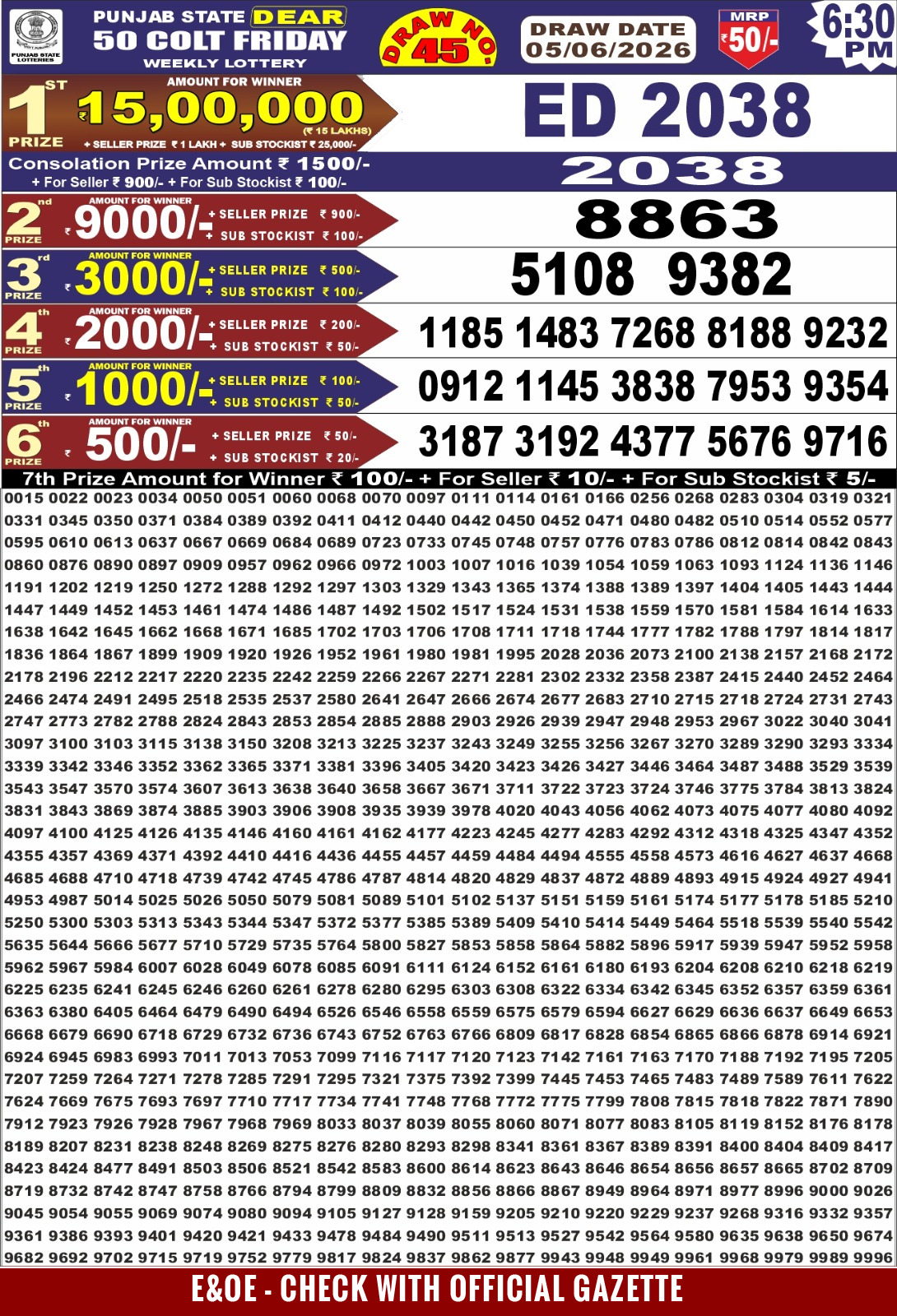 Punjab State Dear 50 Lottery 6:30PM Result 05 06 26