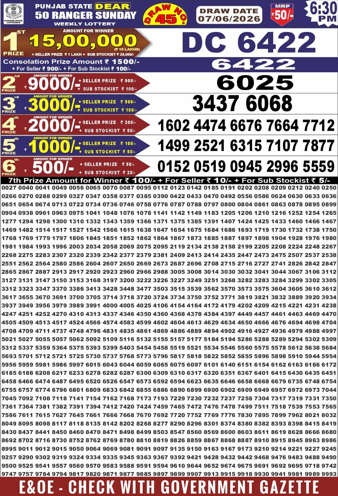 Punjab State Dear 50 Lottery 6:30PM Result 07 06 26