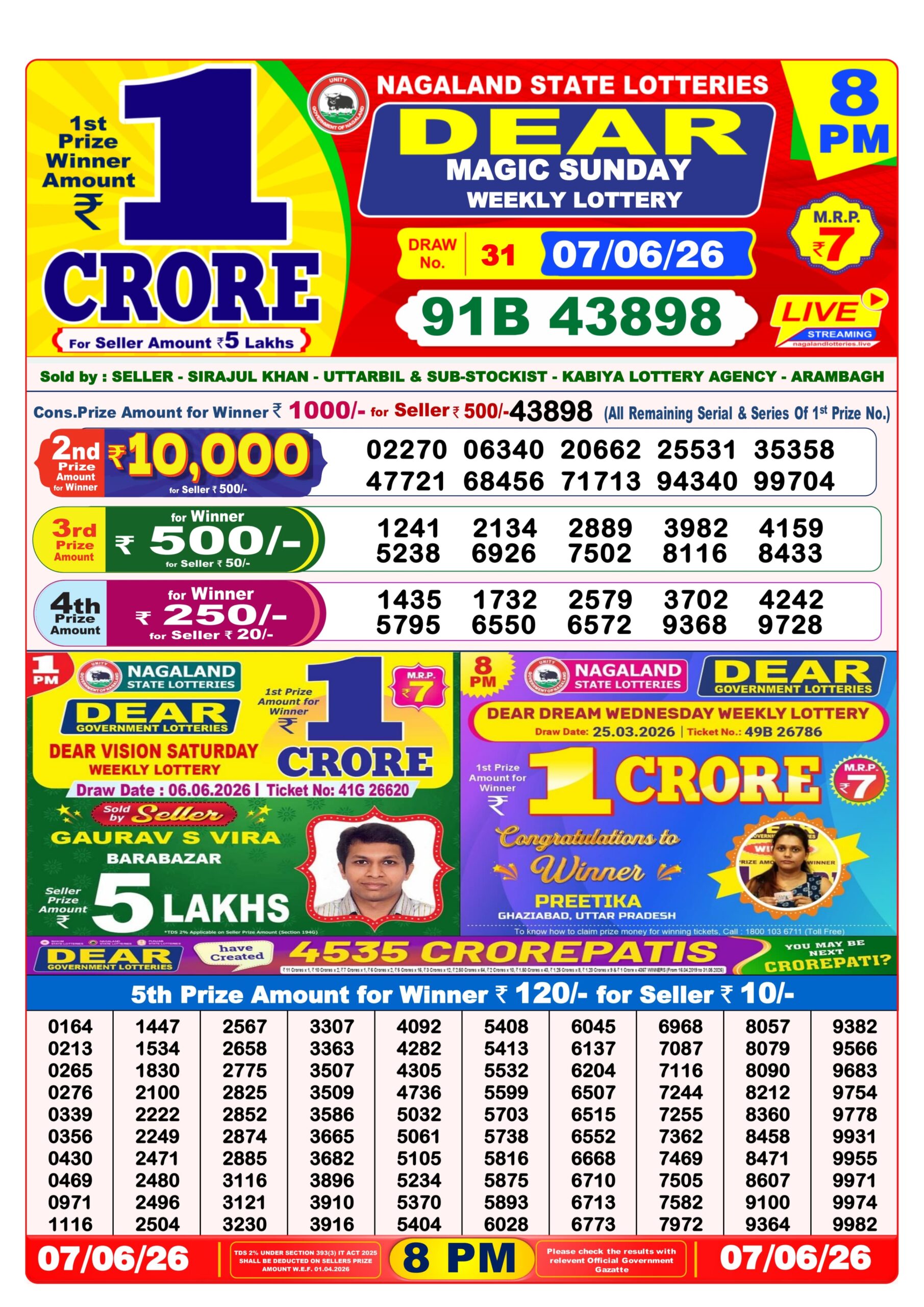 Dear Lottery Result 8PM 07 06 26