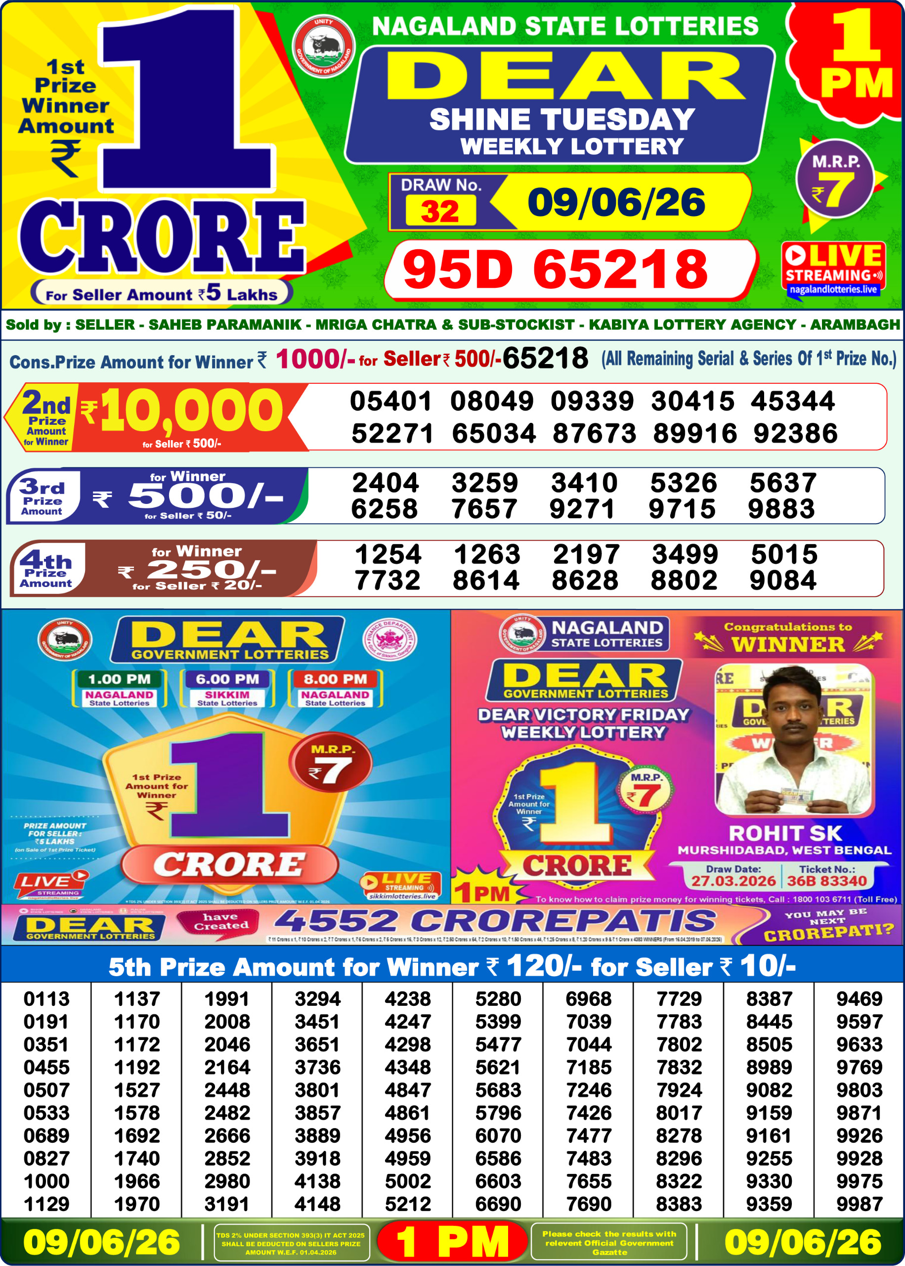 Dear Lottery Result Today 1PM 09 06 26