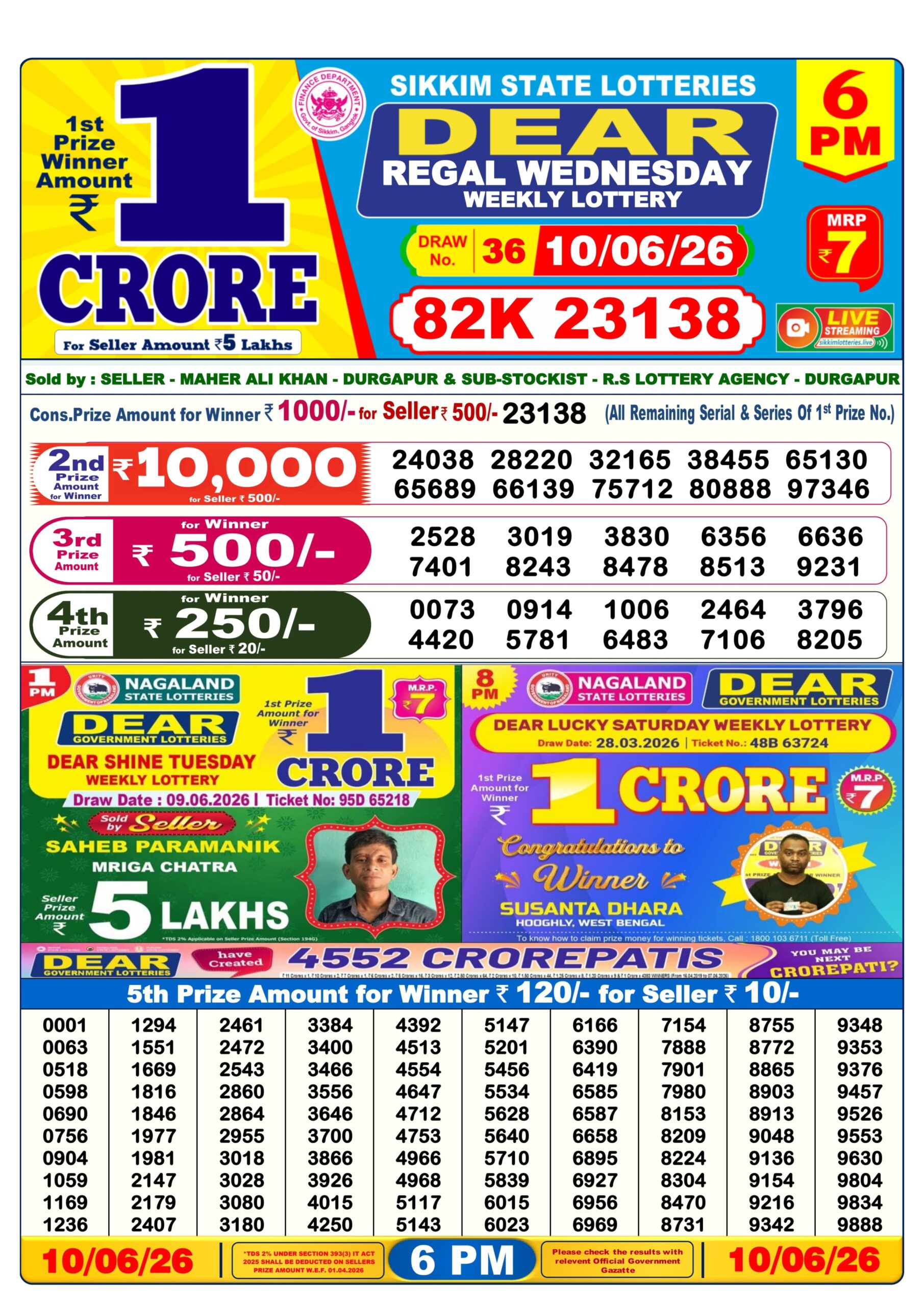 Dear Lottery Today Result 6PM 10 06 26