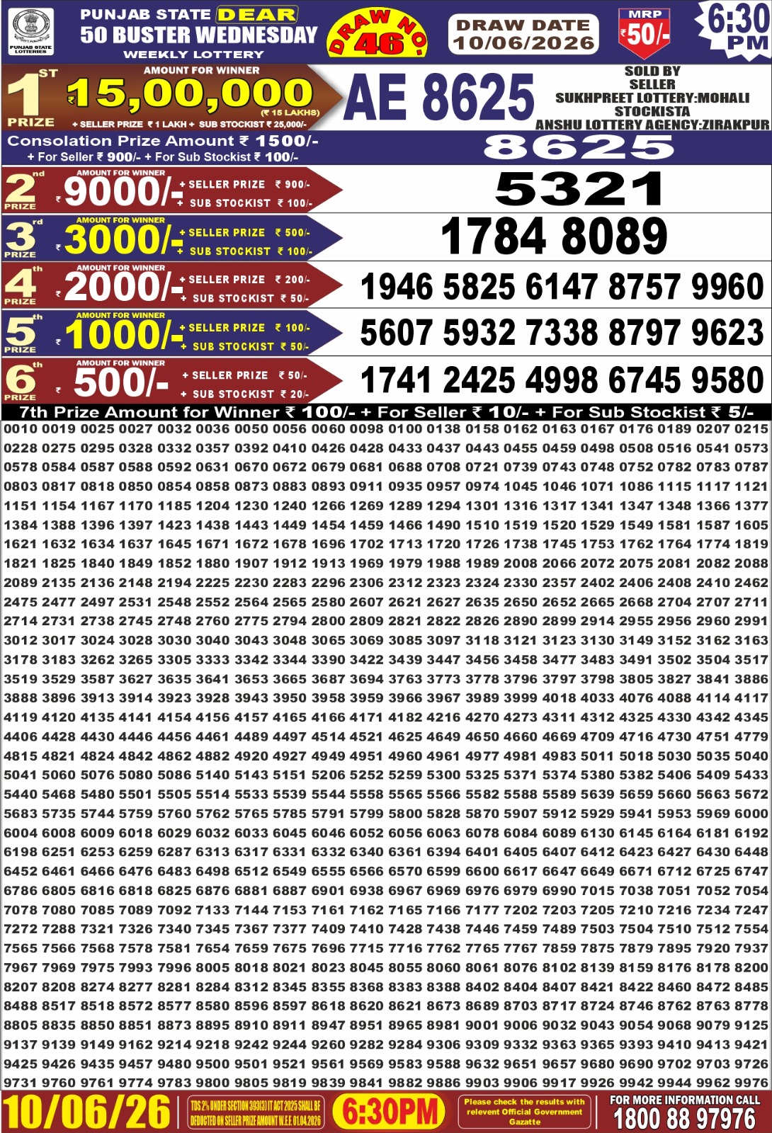 Punjab State Dear 50 Lottery 6:30PM Result 10 06 26