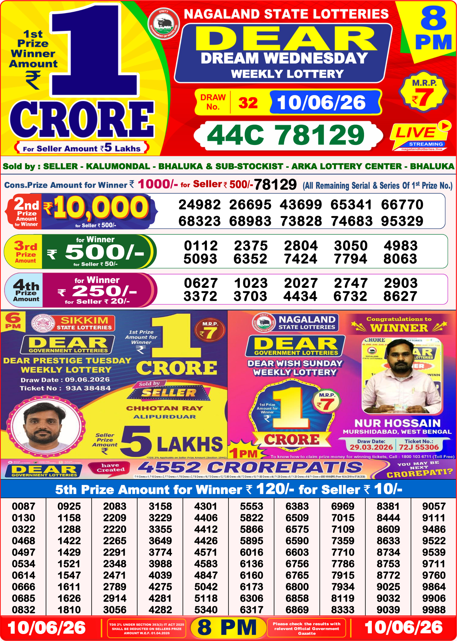 Dear Lottery Result 8PM 10 06 26