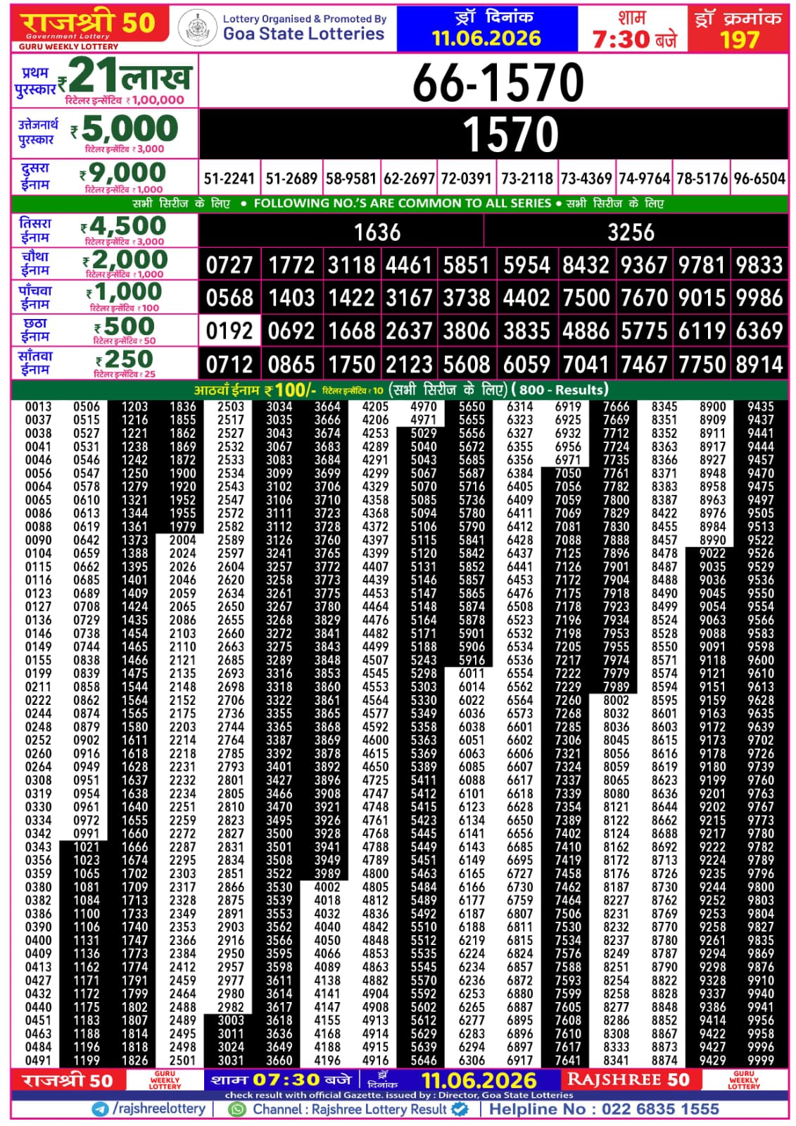 Rajshree 50 Lottery 7:30PM Result 11 06 26