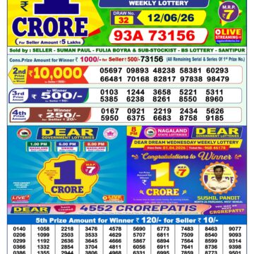 Dear Lottery Result Today 1PM 12 06 26