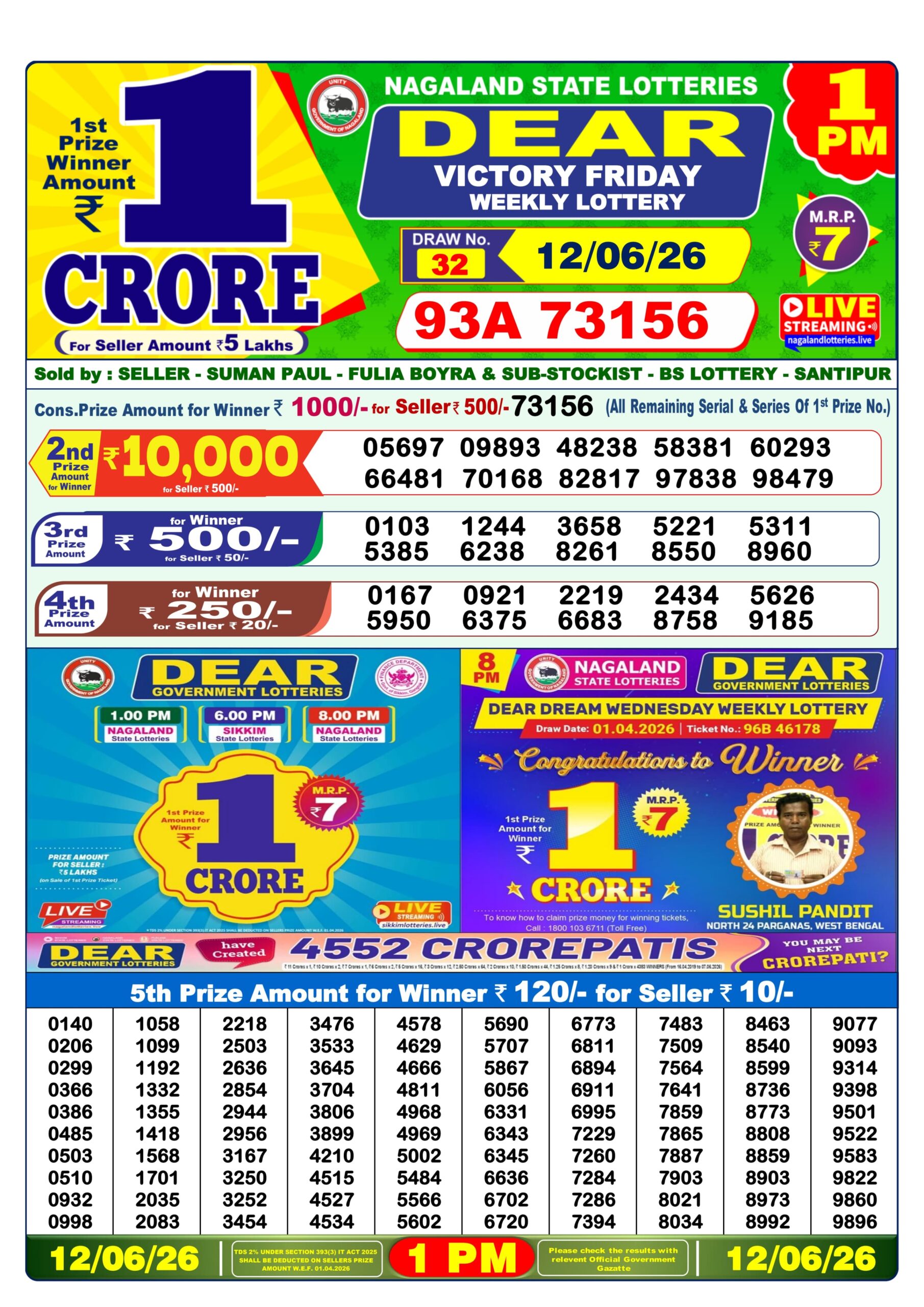 Dear Lottery Result Today 1PM 12 06 26