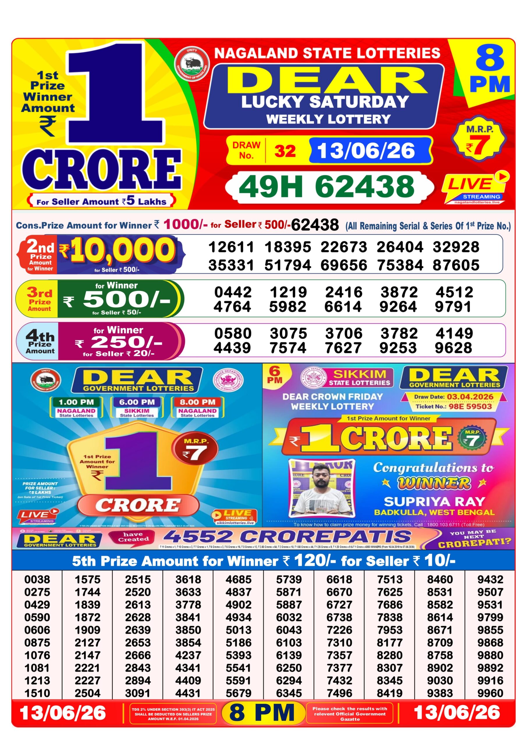 Dear Lottery Result 8PM 13 06 26