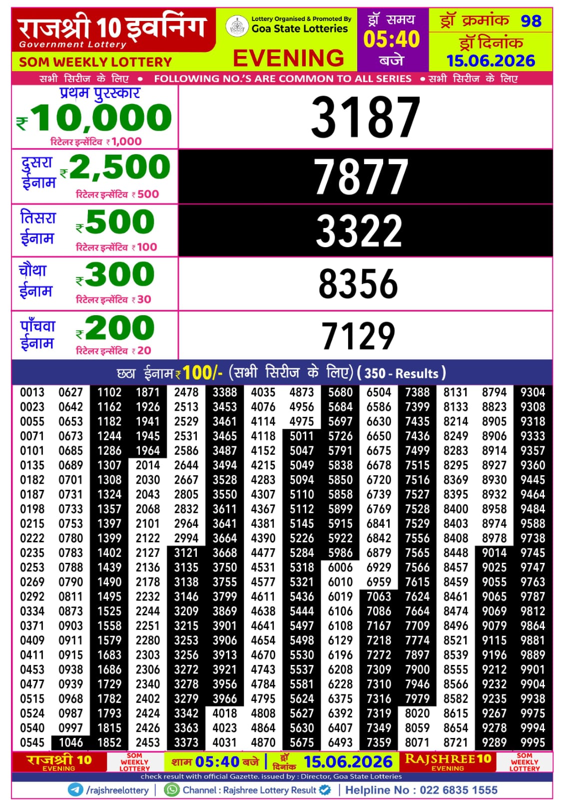 Rajshree 10 Evening 5:40PM Result 15 06 26