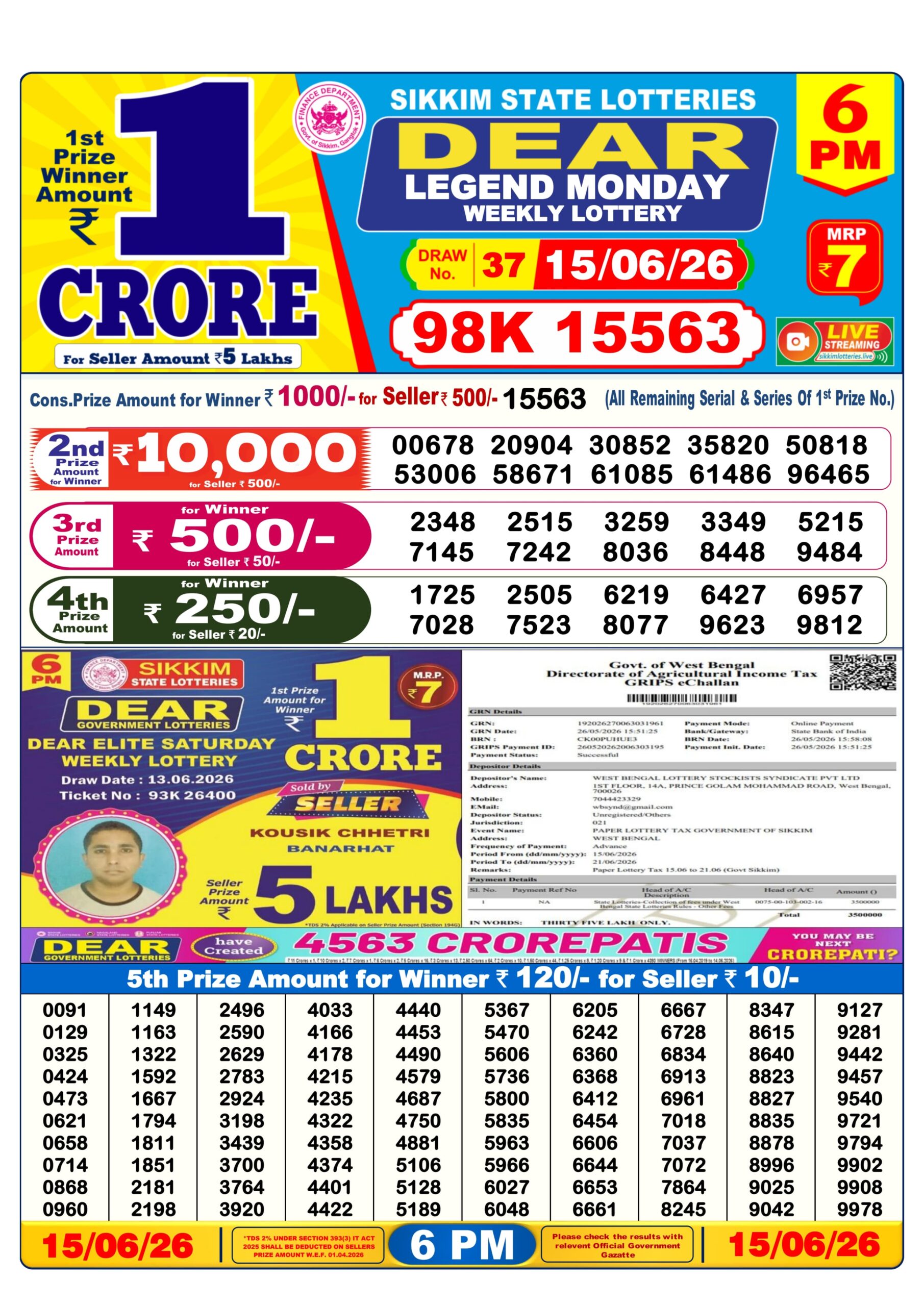 Dear Lottery Today Result 6PM 15 06 26
