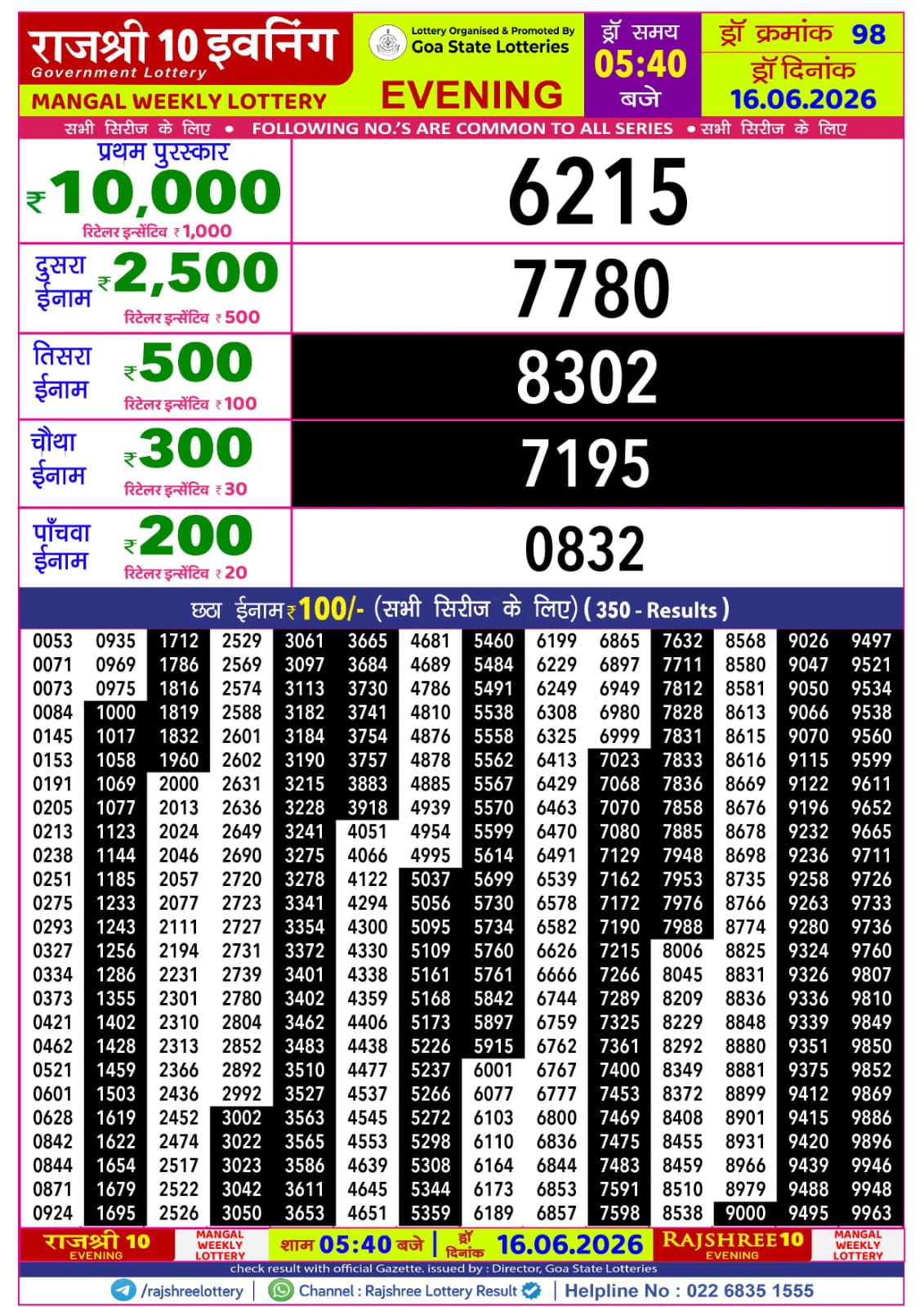 Rajshree 10 Evening 5:40PM Result 16 06 26