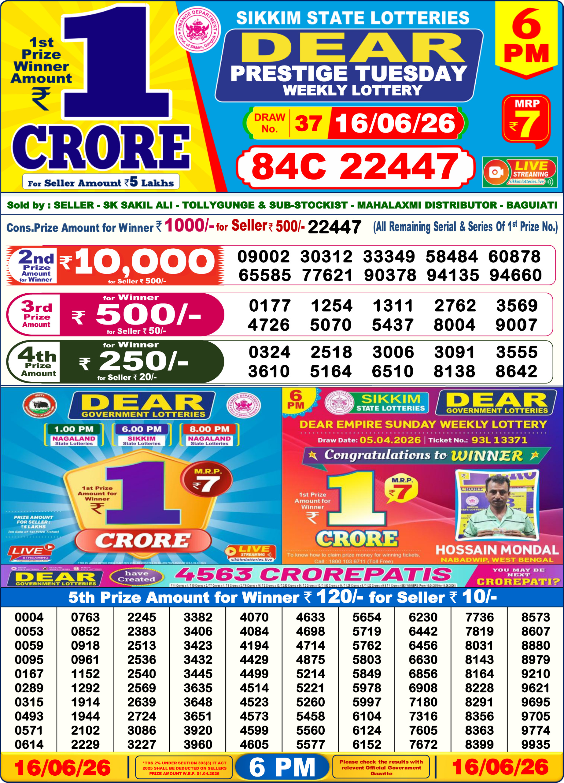 Dear Lottery Today Result 6PM 16 06 26