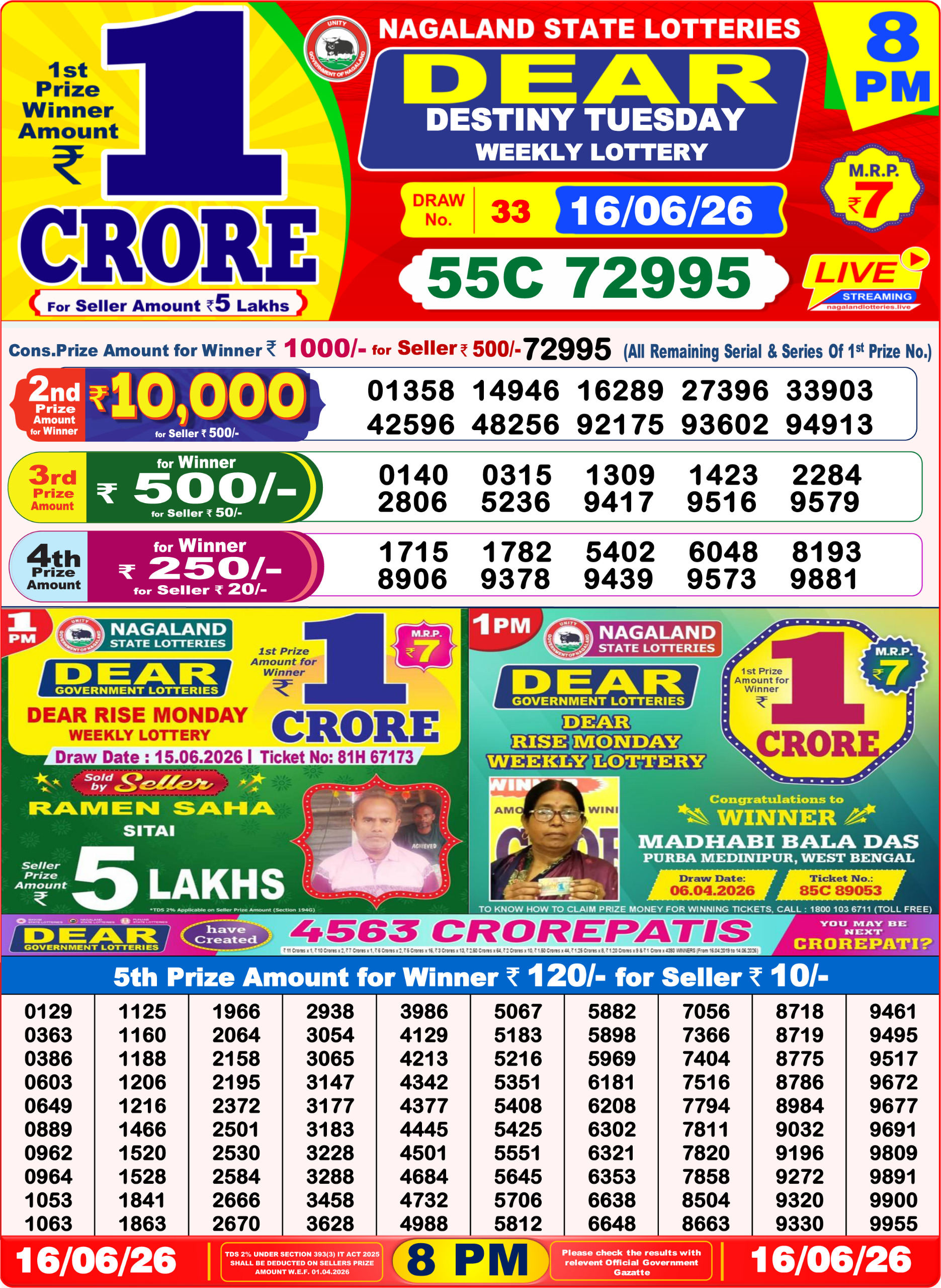 Dear Lottery Result 8PM 16 06 26