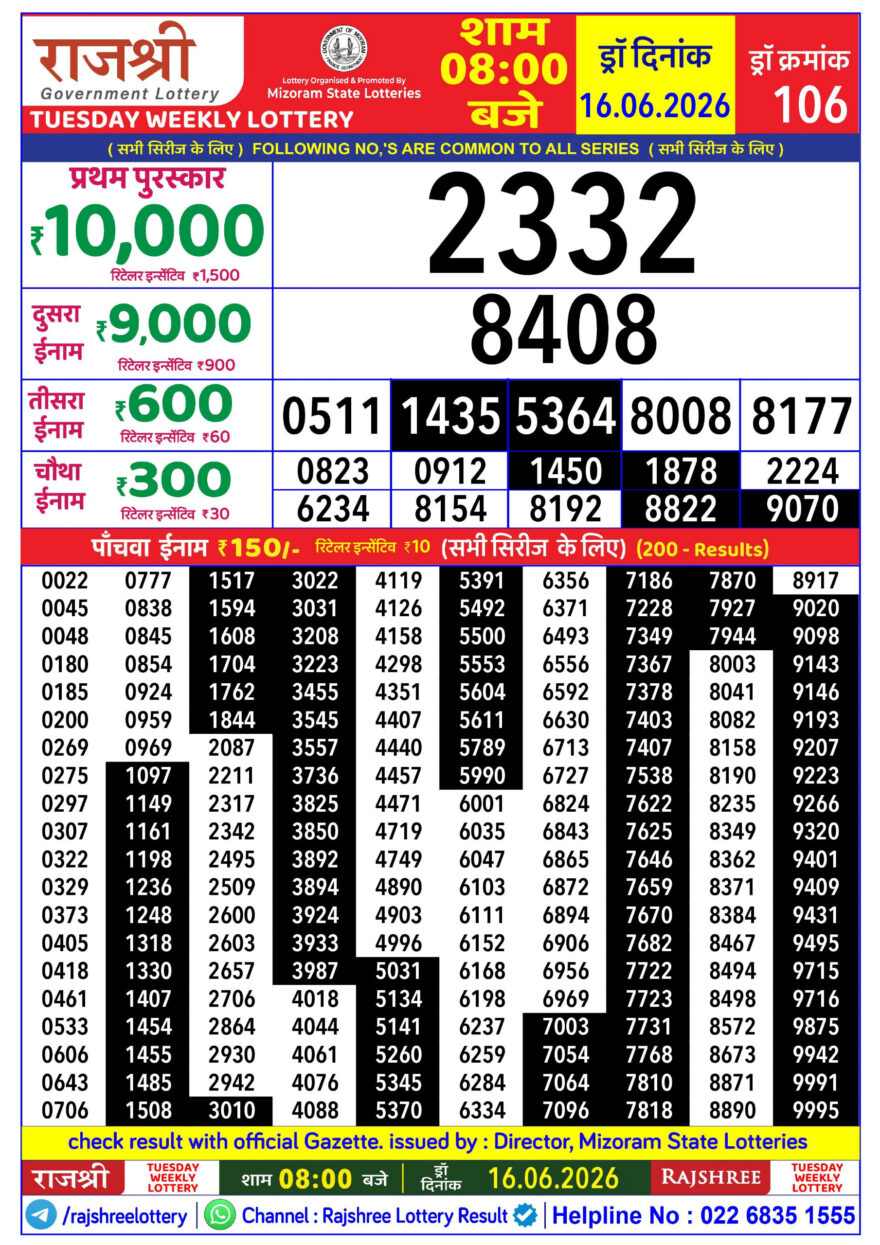 Rajshree Daily 8PM Result 16 06 26