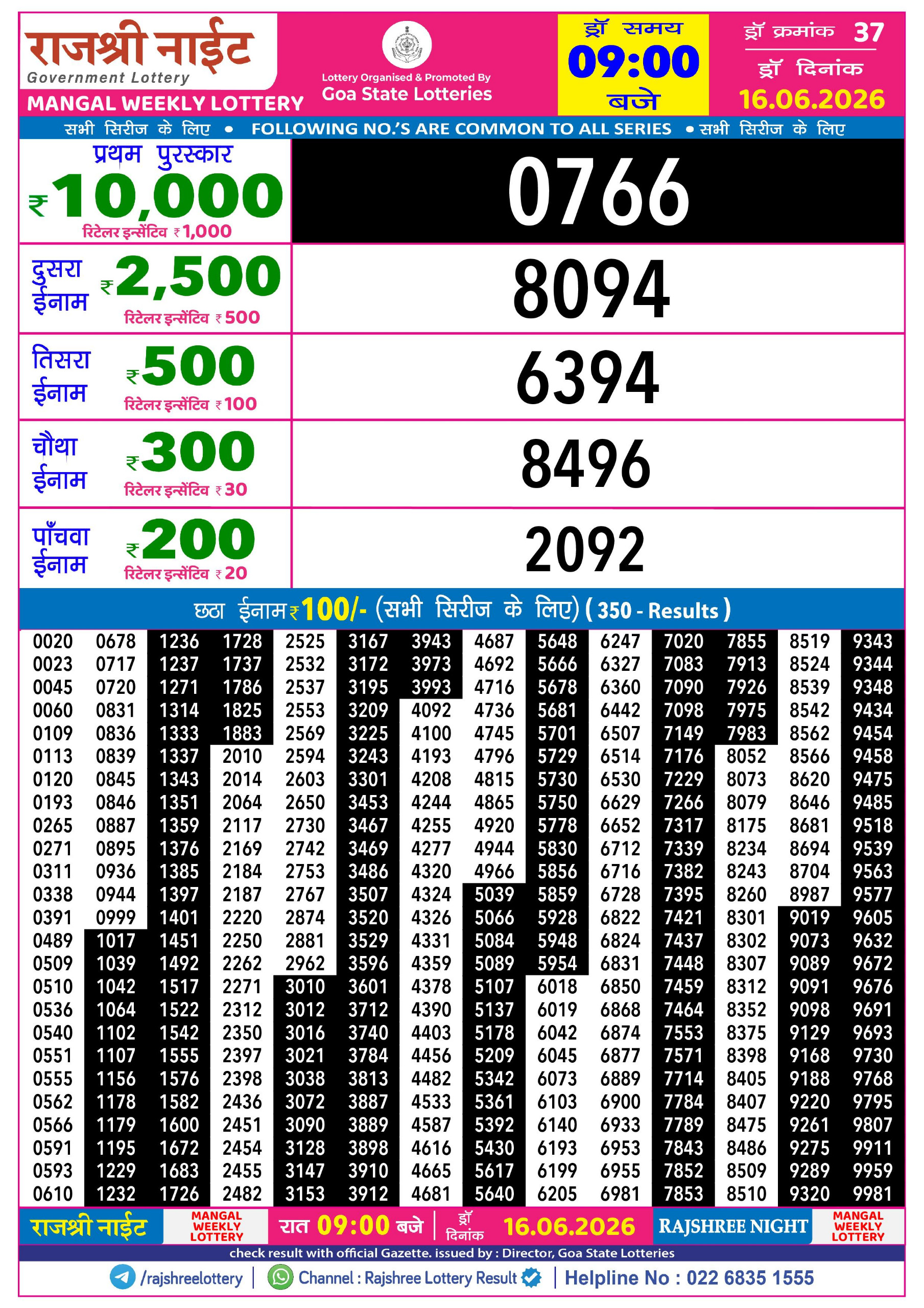 Rajshree 9PM Result 16 06 26
