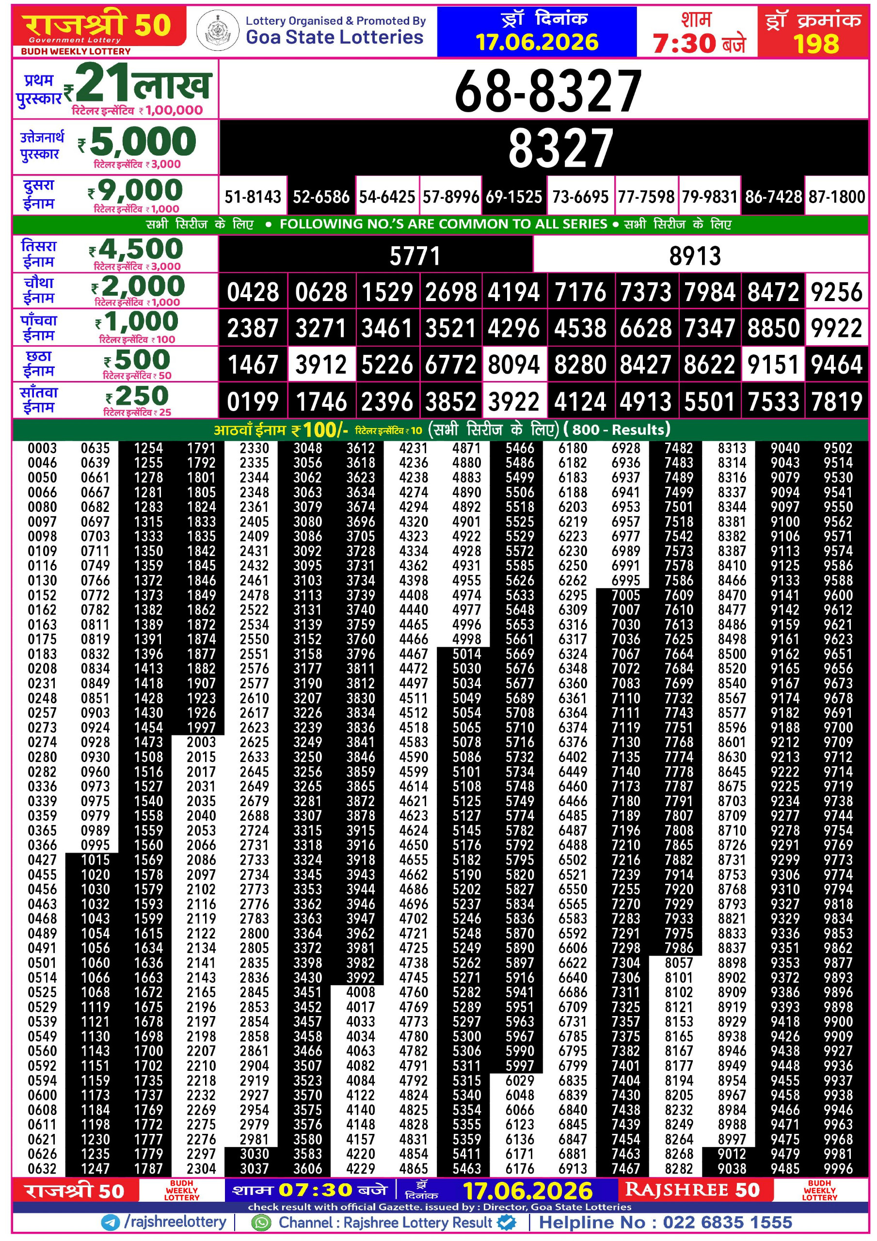 Rajshree 50 Lottery 7:30PM Result 17 06 26