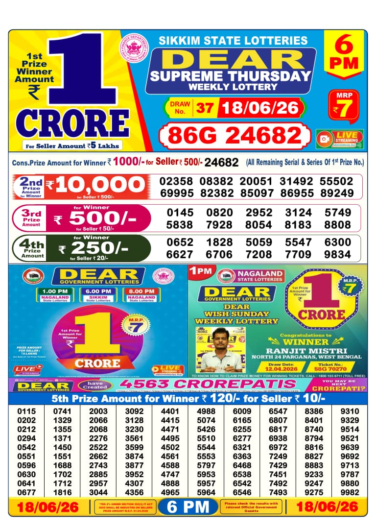 Dear Lottery Today Result 6PM 18 06 26