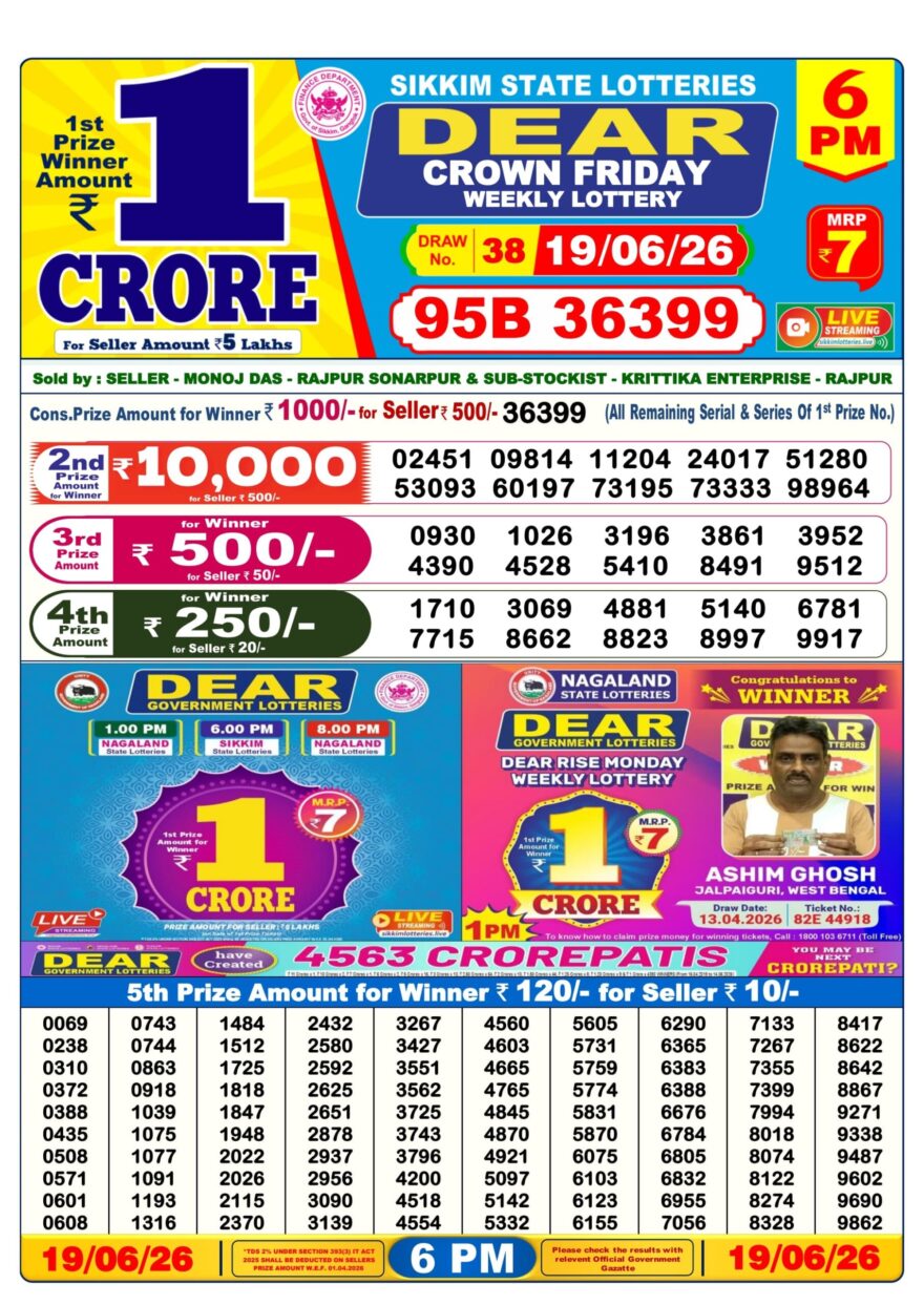 Dear Lottery Today Result 6PM 19 06 26