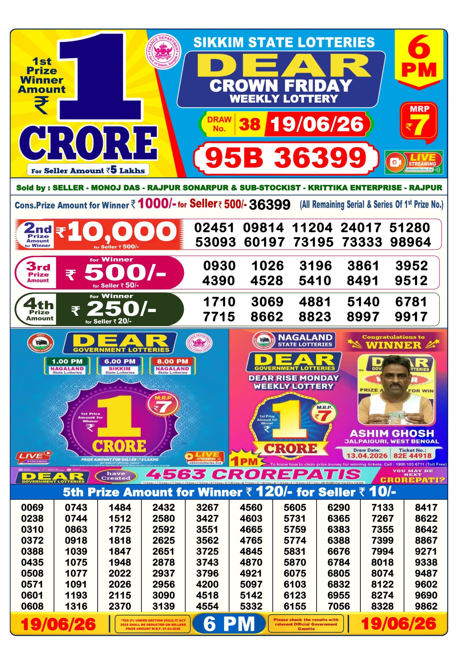 Dear Lottery Today Result 6PM 19 06 26