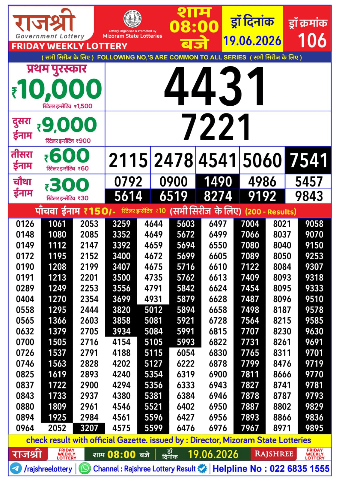 Rajshree Daily 8PM Result 19 06 26
