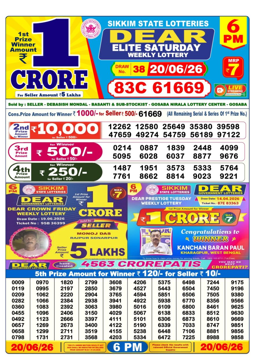 Dear Lottery Today Result 6PM 20 06 26