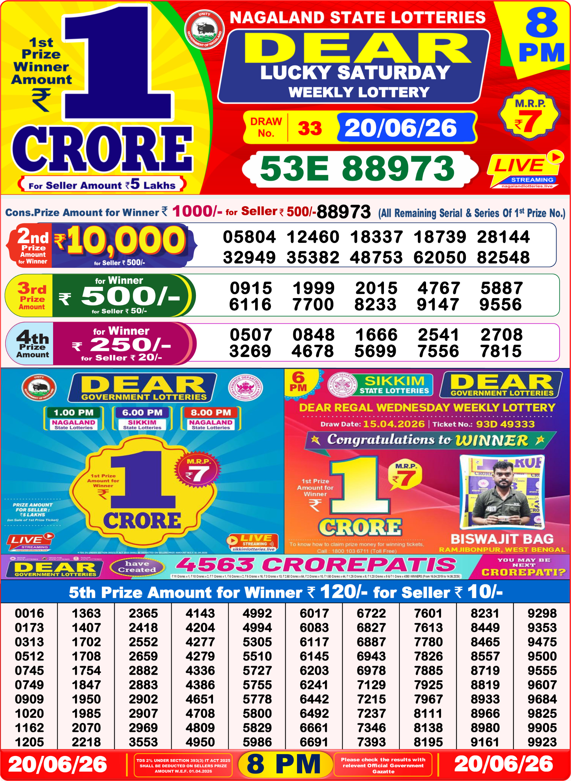 Dear Lottery Result 8PM 20 06 26