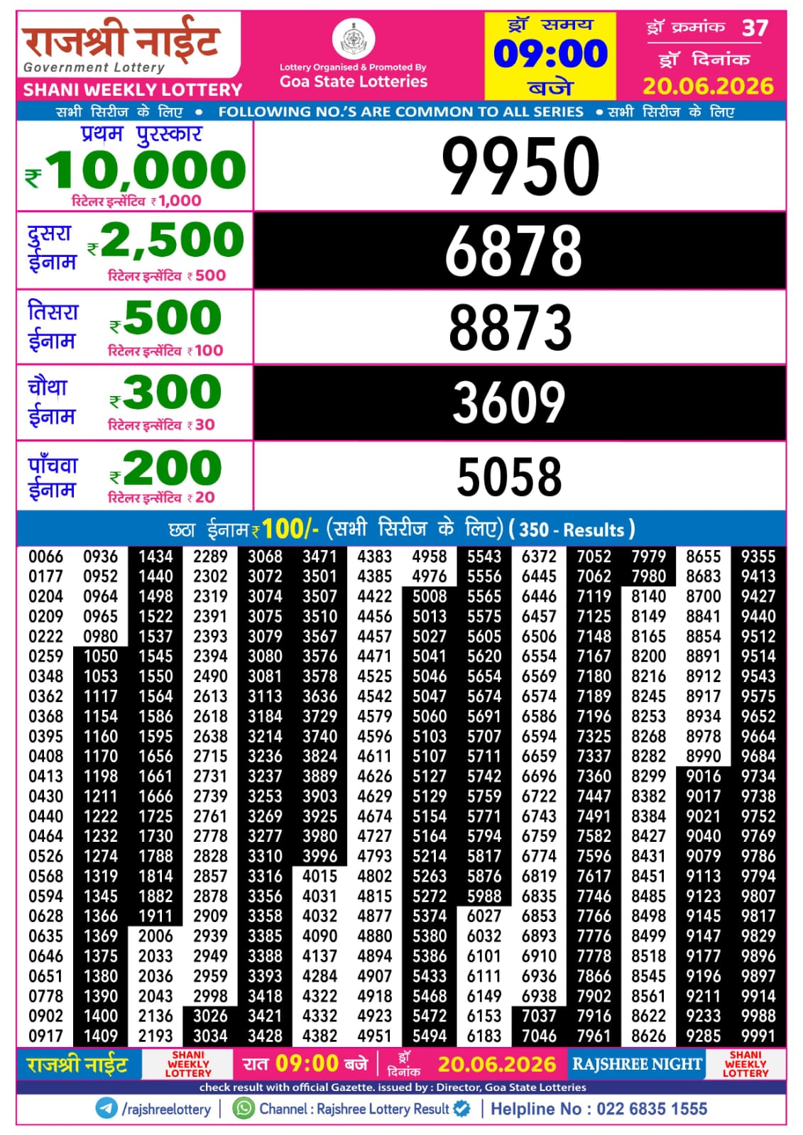 Rajshree 9PM Result 20 06 26