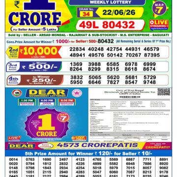 Dear Lottery Result Today 1PM 22 06 26