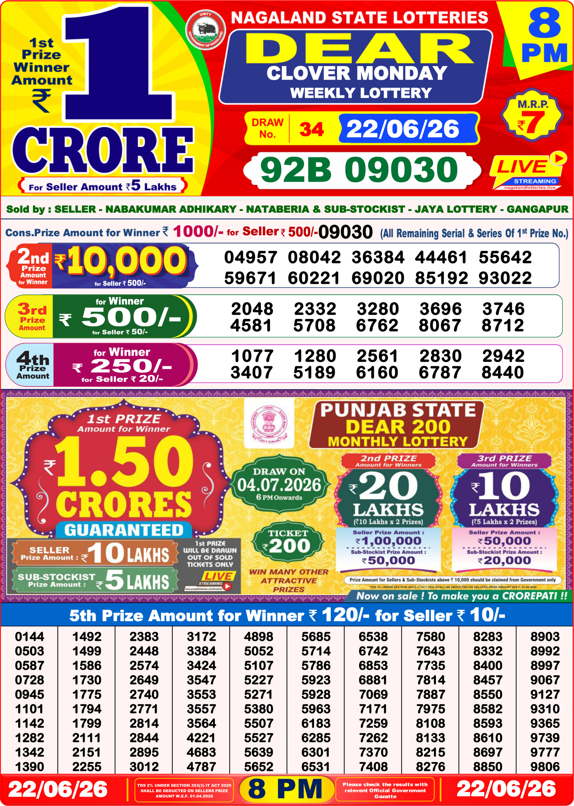 Dear Lottery Result 8PM 22 06 26