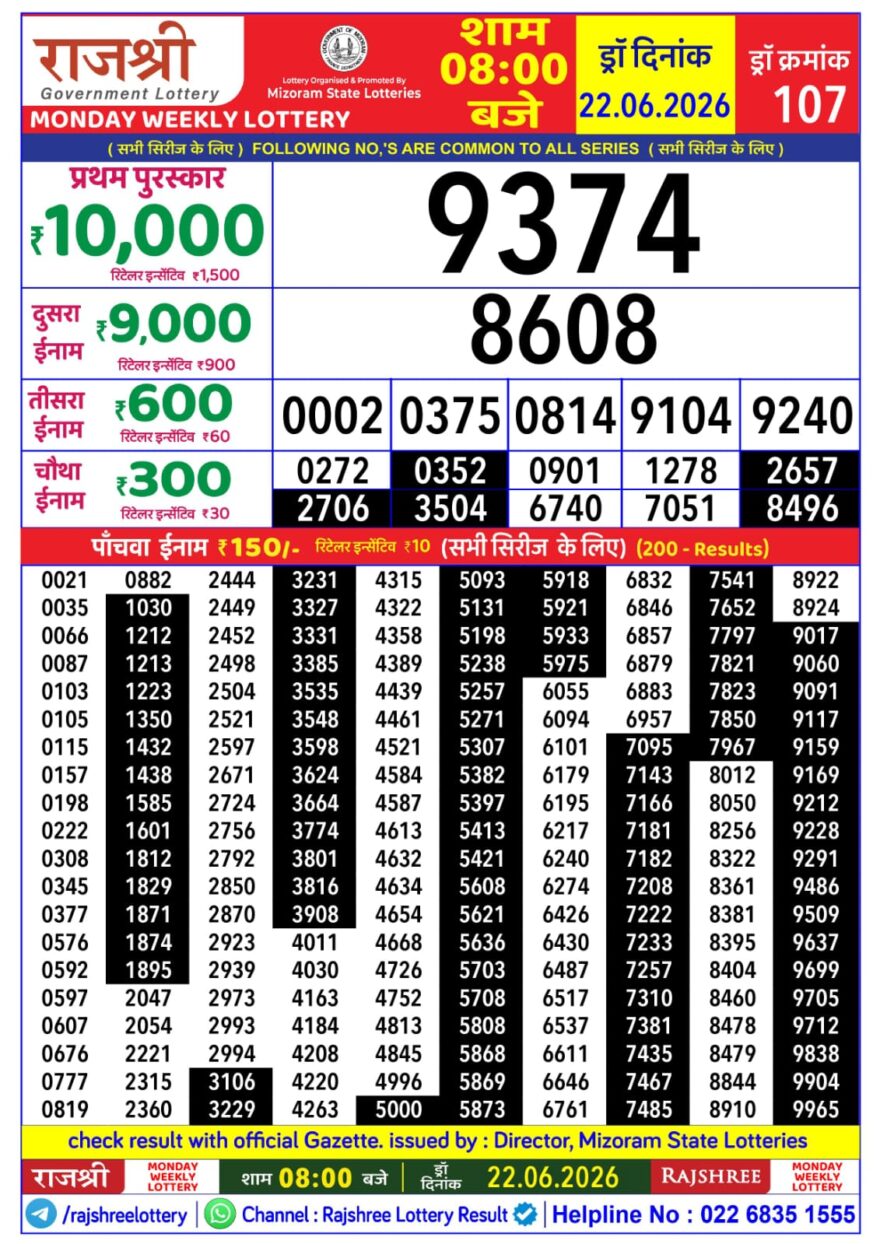 Rajshree Daily 8PM Result 22 06 26