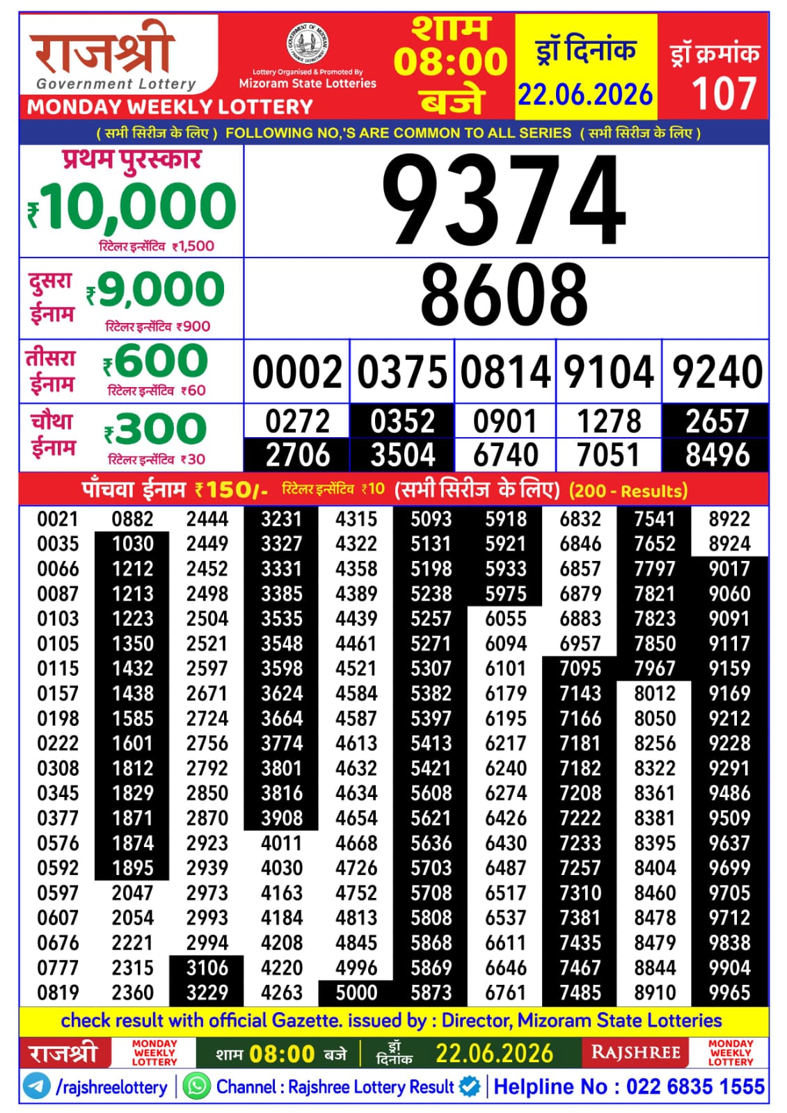 Rajshree Daily 8PM Result 22 06 26