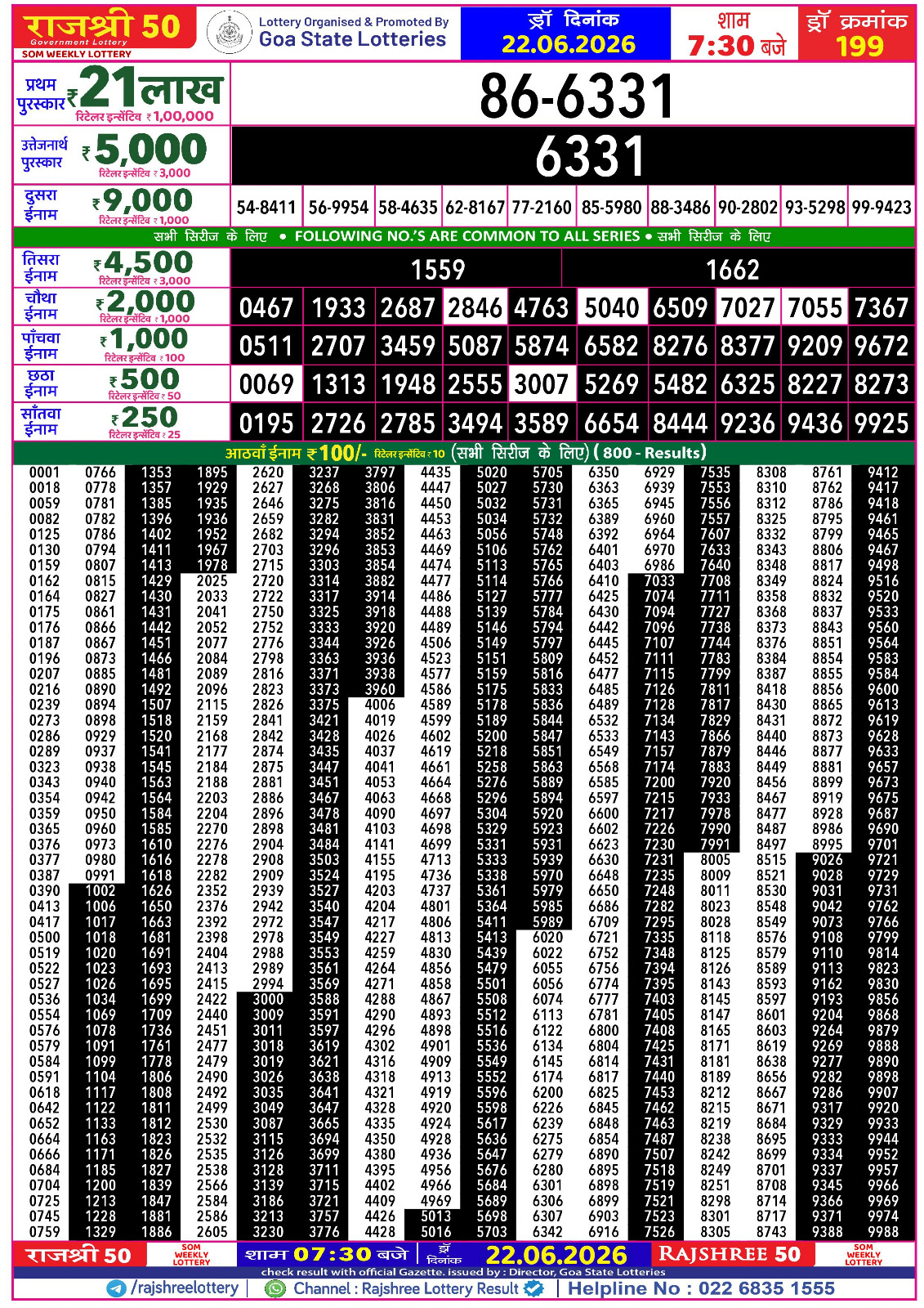 Rajshree 50 Lottery 7:30PM Result 22 06 26