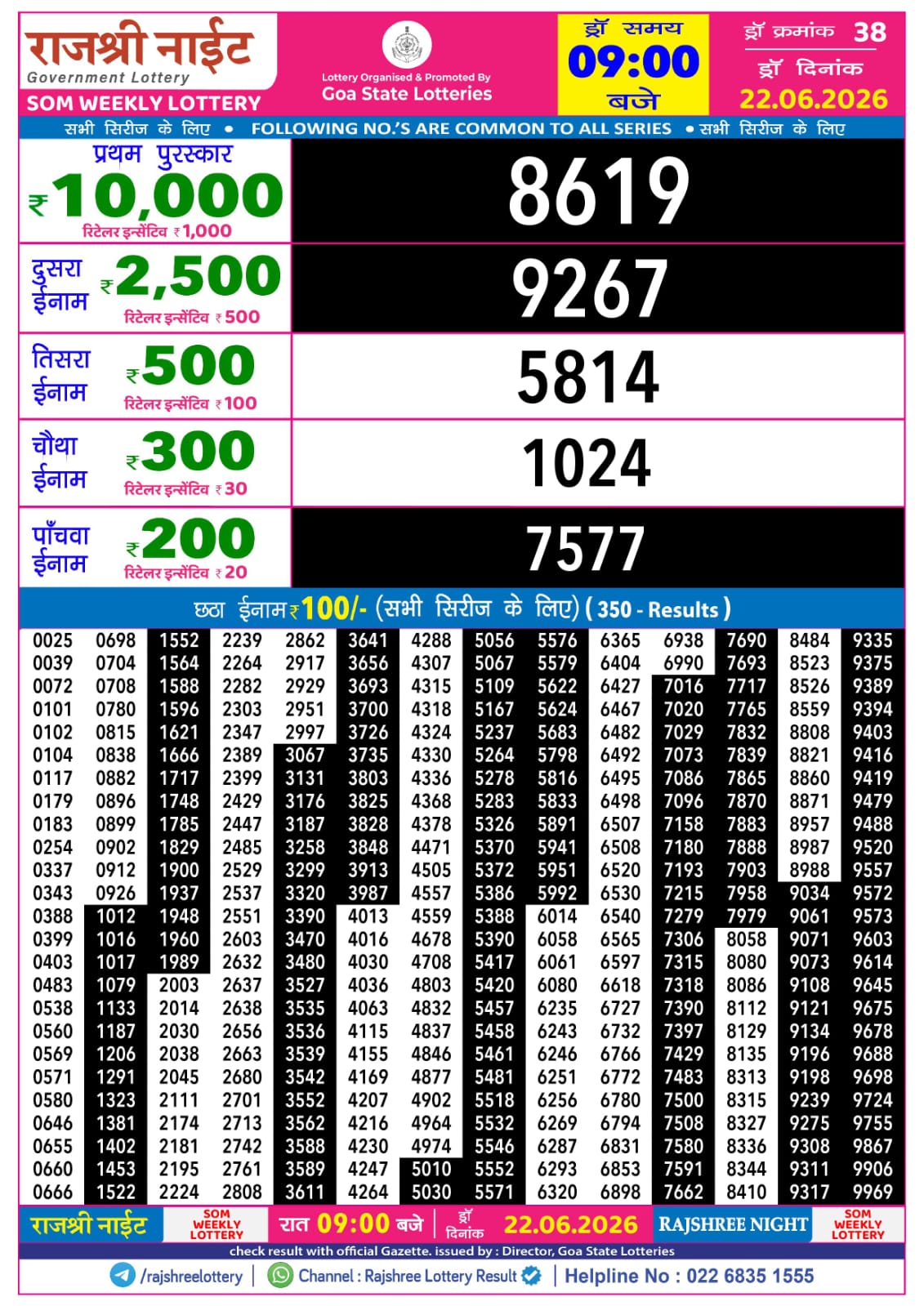 Rajshree 9PM Result 22 06 26