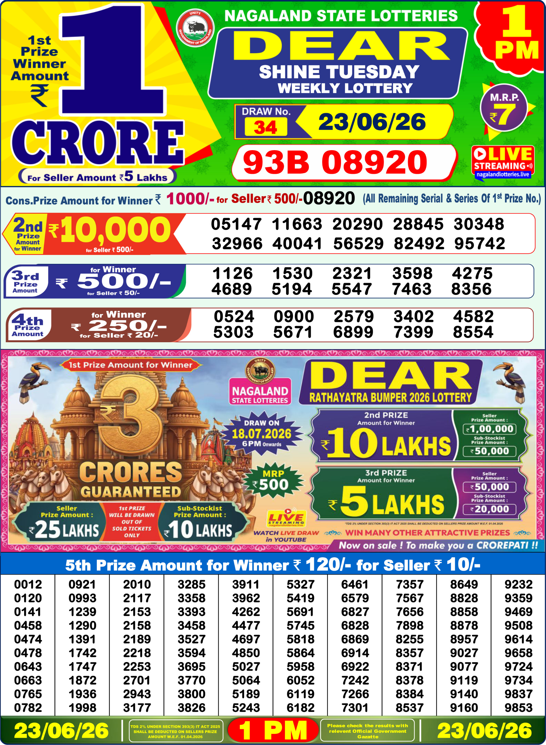 Dear Lottery Result Today 1PM 23 06 26