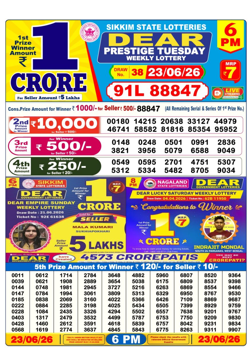 Dear Lottery Today Result 6PM 23 06 26