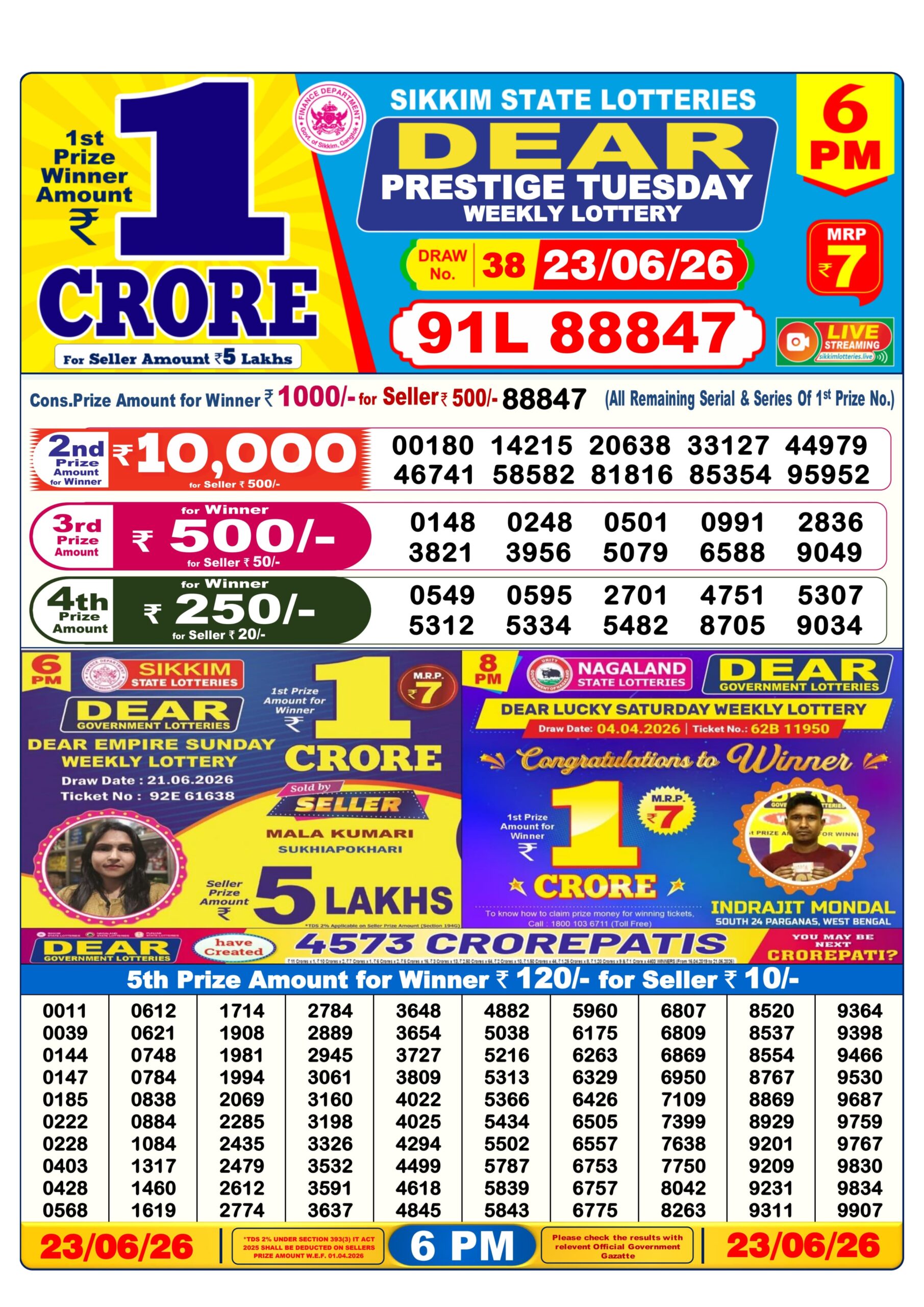Dear Lottery Today Result 6PM 23 06 26